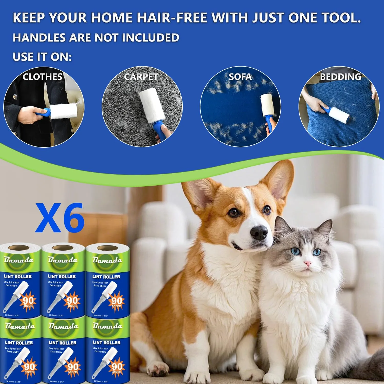 Rullo peli animali, extra appiccicosi 540 fogli, 90 fogli per leva pelucchi, spazzola togli peli animali/rulli di pelucchi/spazzola peli gatto/spazzola peli cane (verde) - immagine 6