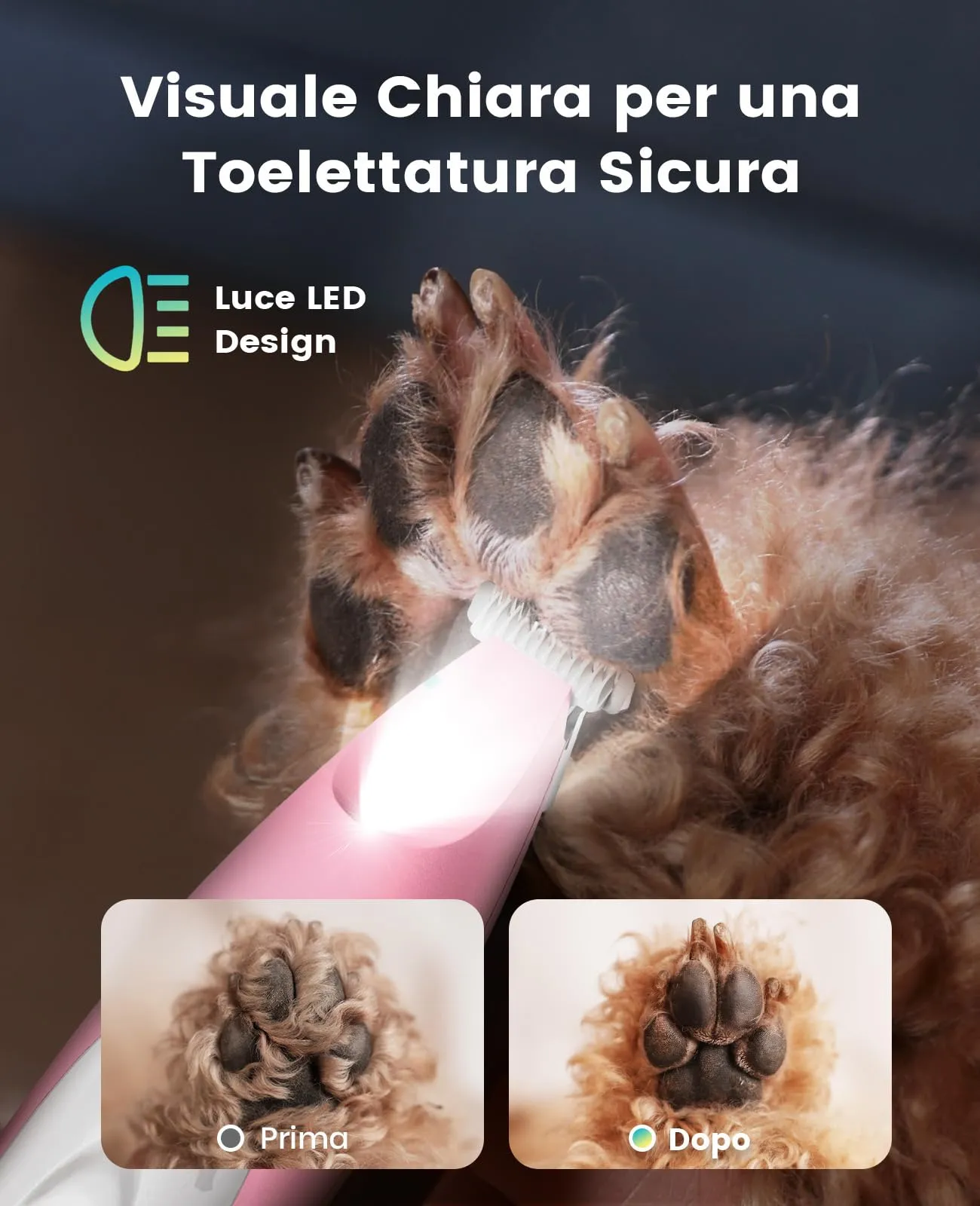 oneisall Regolabampa con luce a LED, trimmer per cani lama larga 20 mm, trimmer per zampe di animali domestici 35 dB, a basso rumore, senza fili, per cani di piccola animali, Rosa - immagine 3