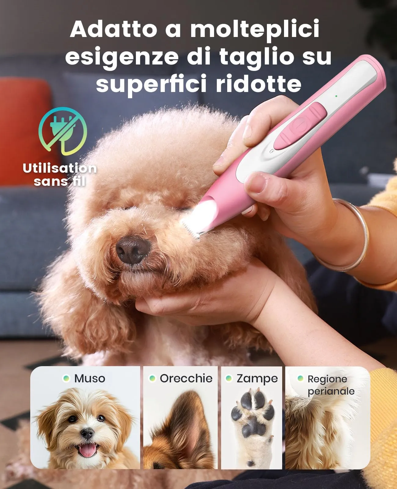 oneisall Regolabampa con luce a LED, trimmer per cani lama larga 20 mm, trimmer per zampe di animali domestici 35 dB, a basso rumore, senza fili, per cani di piccola animali, Rosa - immagine 6