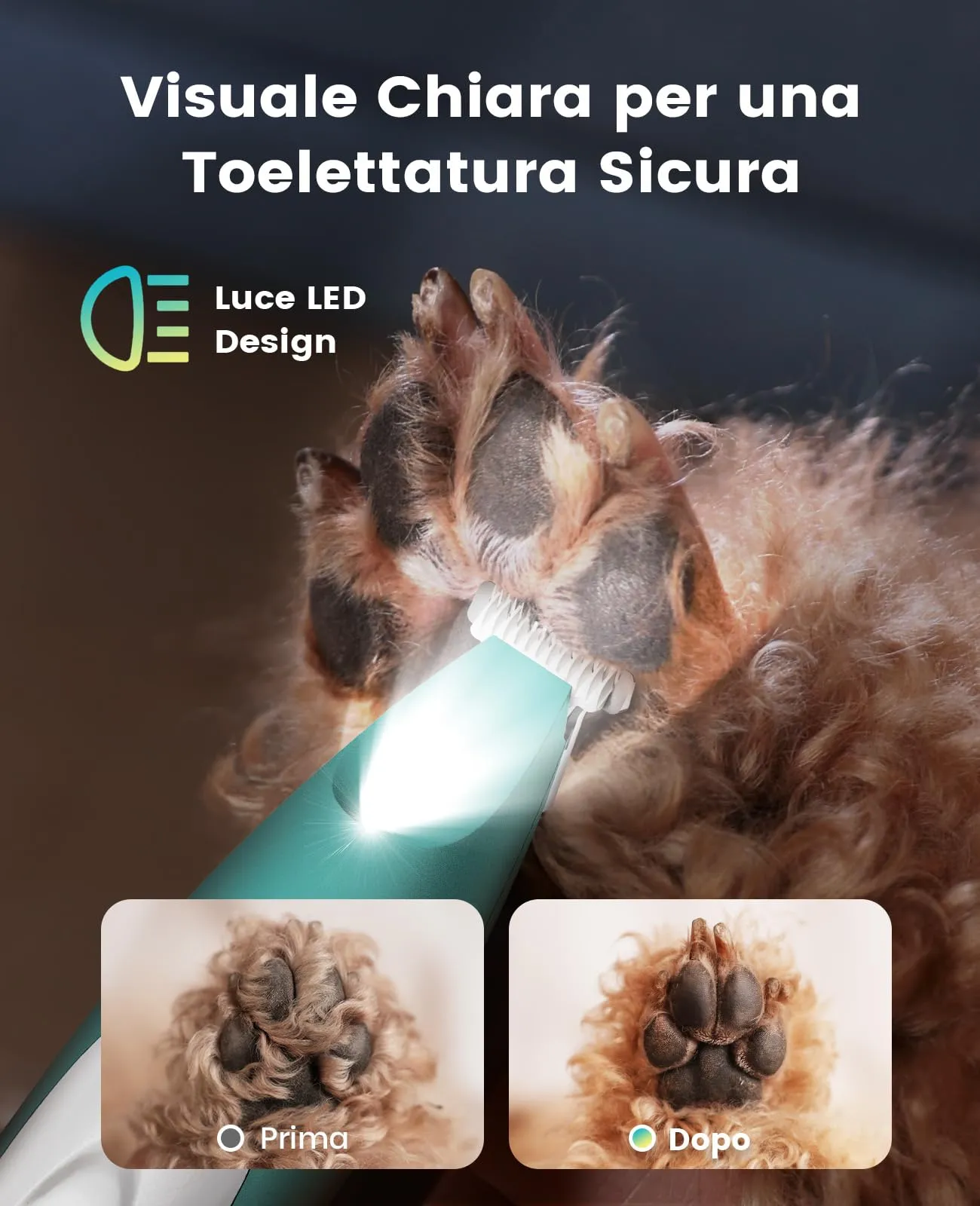oneisall Regolabampa con luce a LED, trimmer per cani lama larga 20 mm, trimmer per zampe di animali domestici 35 dB, a basso rumore, senza fili, per cani di piccola animali, Verde - immagine 3