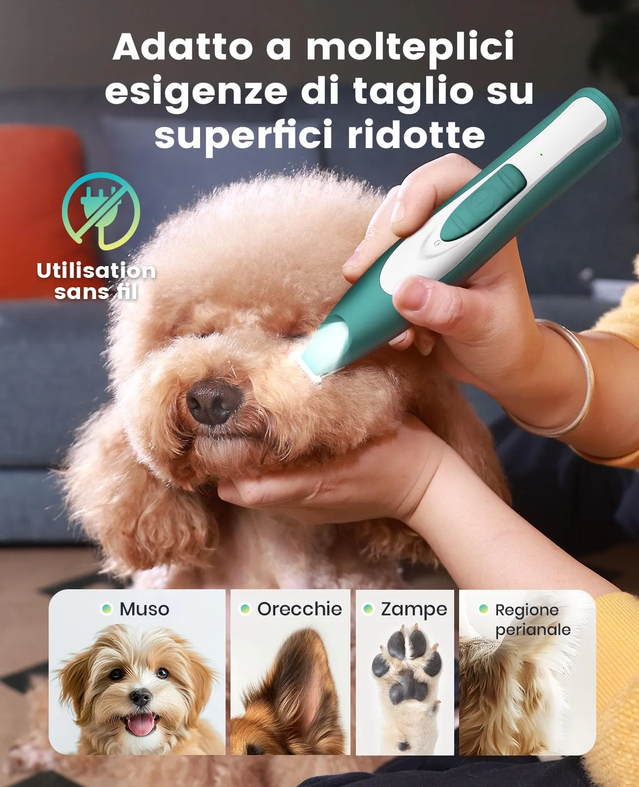 oneisall Regolabampa con luce a LED, trimmer per cani lama larga 20 mm, trimmer per zampe di animali domestici 35 dB, a basso rumore, senza fili, per cani di piccola animali, Verde - immagine 6
