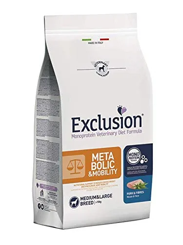 Exclusion Metabolic & Mobility con Maiale e Fibre per Cani Medium e Large. Alimento completo dietetico con formulazione monoproteica animale per ridurre il peso corporeo. 12 Kg - immagine 1