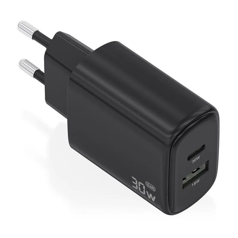 Caricatore Aisens GaN 30W 1xUSB-C PD3.0 QC4.0 1xUSB-A QC3.0 Nero compatto - immagine 1