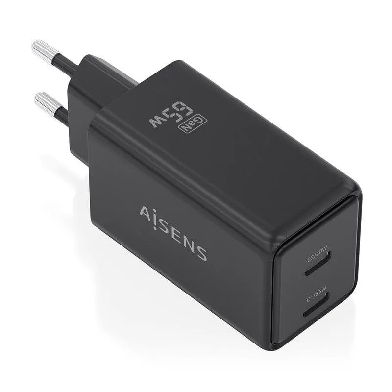 Caricatore Aisens ASCH-65W2P079-BK GaN 65W 2xUSB-C PD3.0 QC4.0 Nero - immagine 1