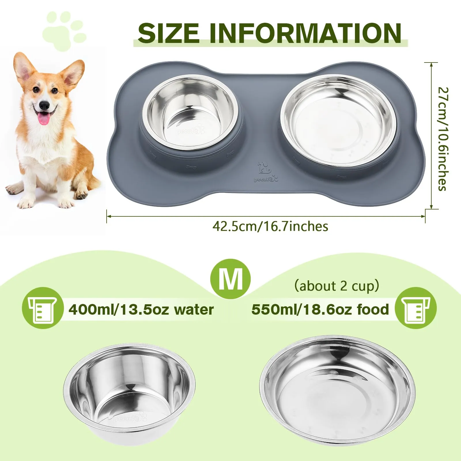 Pecute Ciotola per Gatti 3 in 1, Ciotola per Cani, Doppia Ciotole in Acciaio Inossidabile + 1 Tappetino Sottociotola, Antiribaltamento, Antitrabocco e Antiscivolo, M, Grigio - immagine 2
