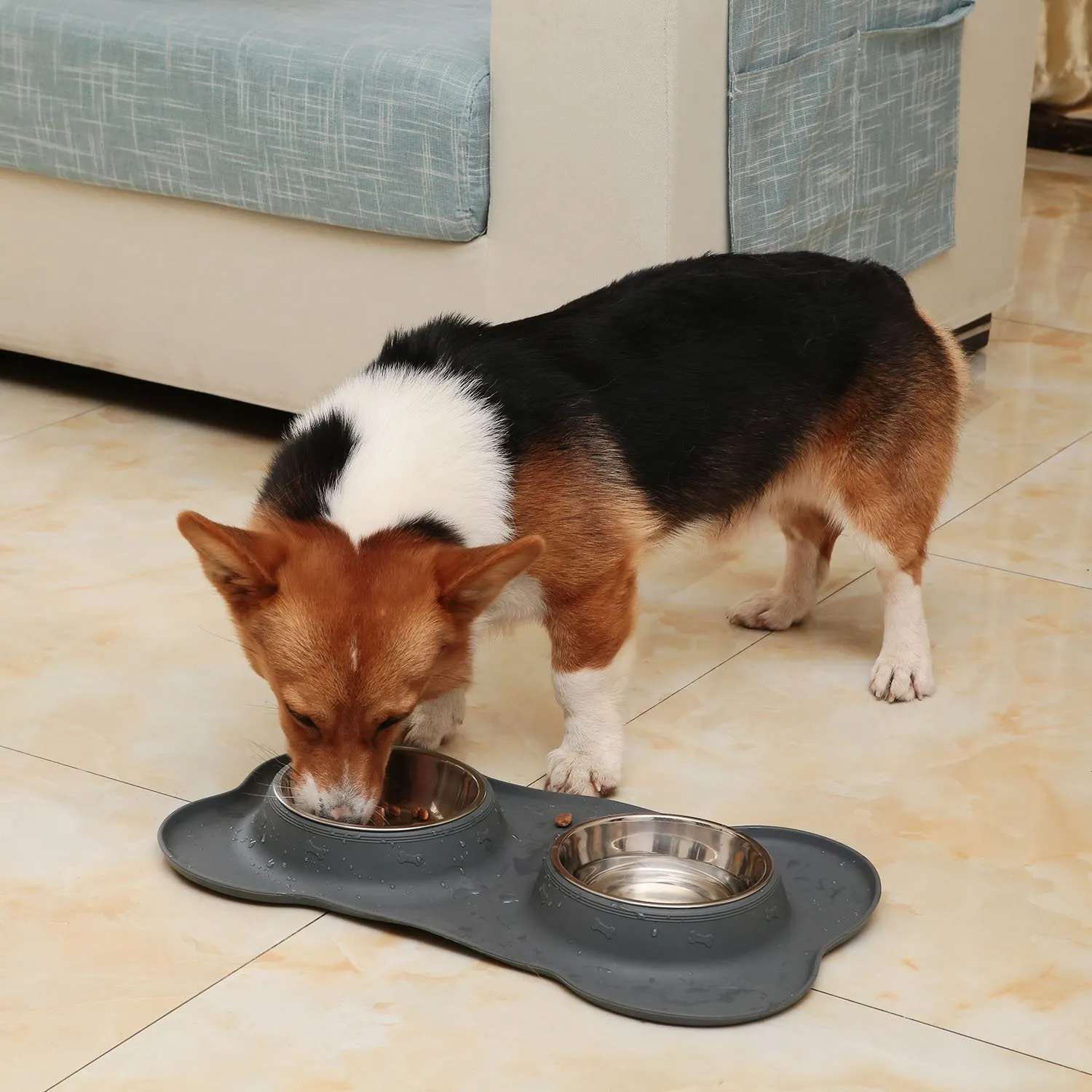 Pecute Ciotola per Gatti 3 in 1, Ciotola per Cani, Doppia Ciotole in Acciaio Inossidabile + 1 Tappetino Sottociotola, Antiribaltamento, Antitrabocco e Antiscivolo, M, Grigio - immagine 8