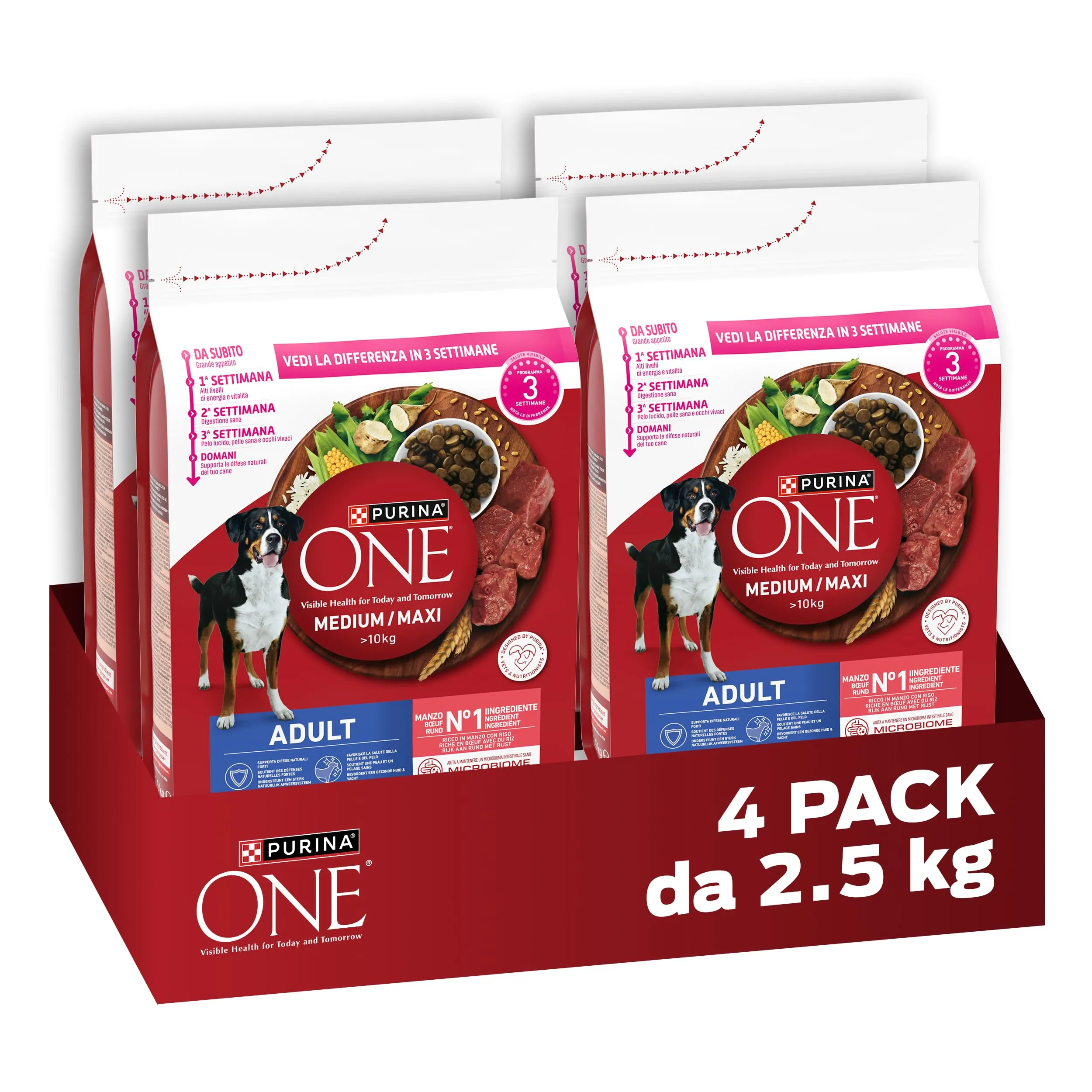PURINA ONE Medium Maxi Crocchette per Cani Adulti con Manzo e Riso 4 Sacchi da 2.5kg - immagine 1