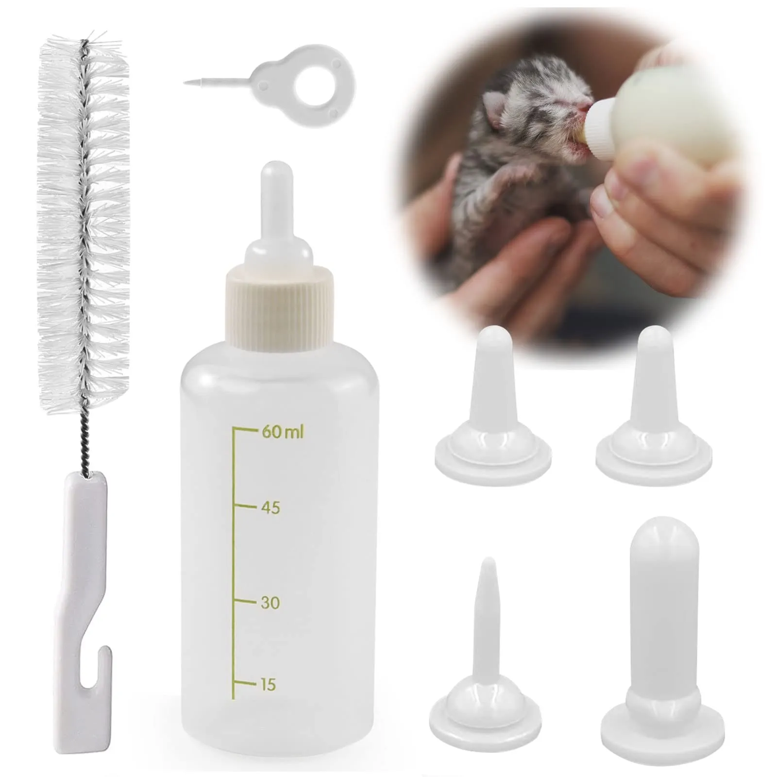 Onebarleycorn - Biberon per Gattini Neonati 60ml,Biberon Gattino Animali con 4 Capezzoli e 1 Spazzole per Pulizia Kit Bottiglia per Animali da Compagnia per Cane Gatto per Cucciolo Gattino - immagine 1