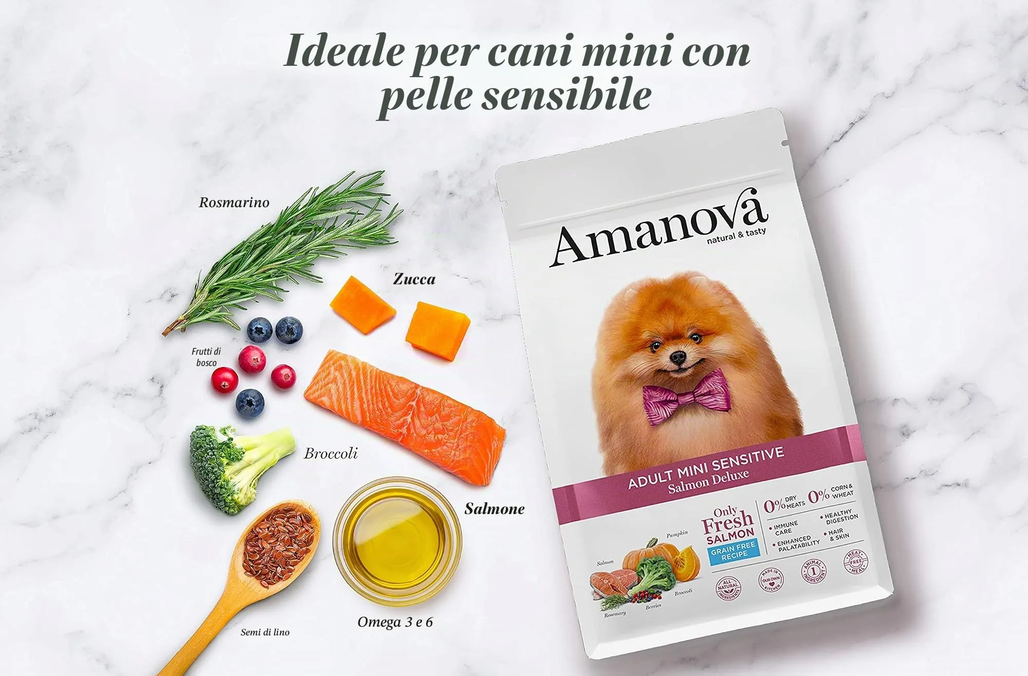 Amanova Cibo Secco Super Premium per Cani di Taglia Piccola con Pelle e Pelo sensibili Gusto Salmone - 100% Naturale, ipoallergenico e monoproteico - Grain Free - Cruelty Free - Formato da 7 kg - immagine 5