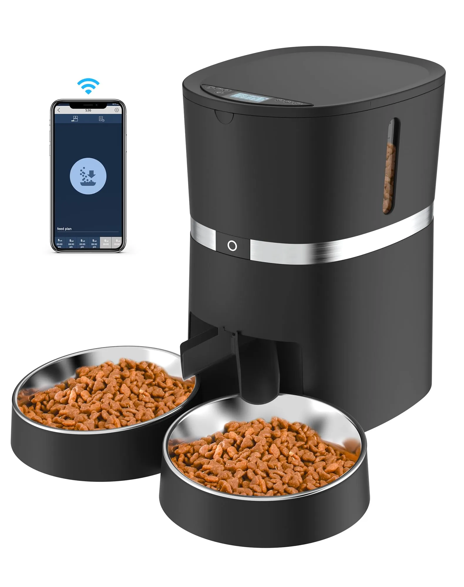 WellToBe Wifi Distributore Automatico di Cibo per Due Gatti, Alimentatore Automatico per Animali e Cani con Controllo App, Timer e di Registrazione del Suono Fino a 6 pasti al Giorno -Black - immagine 1