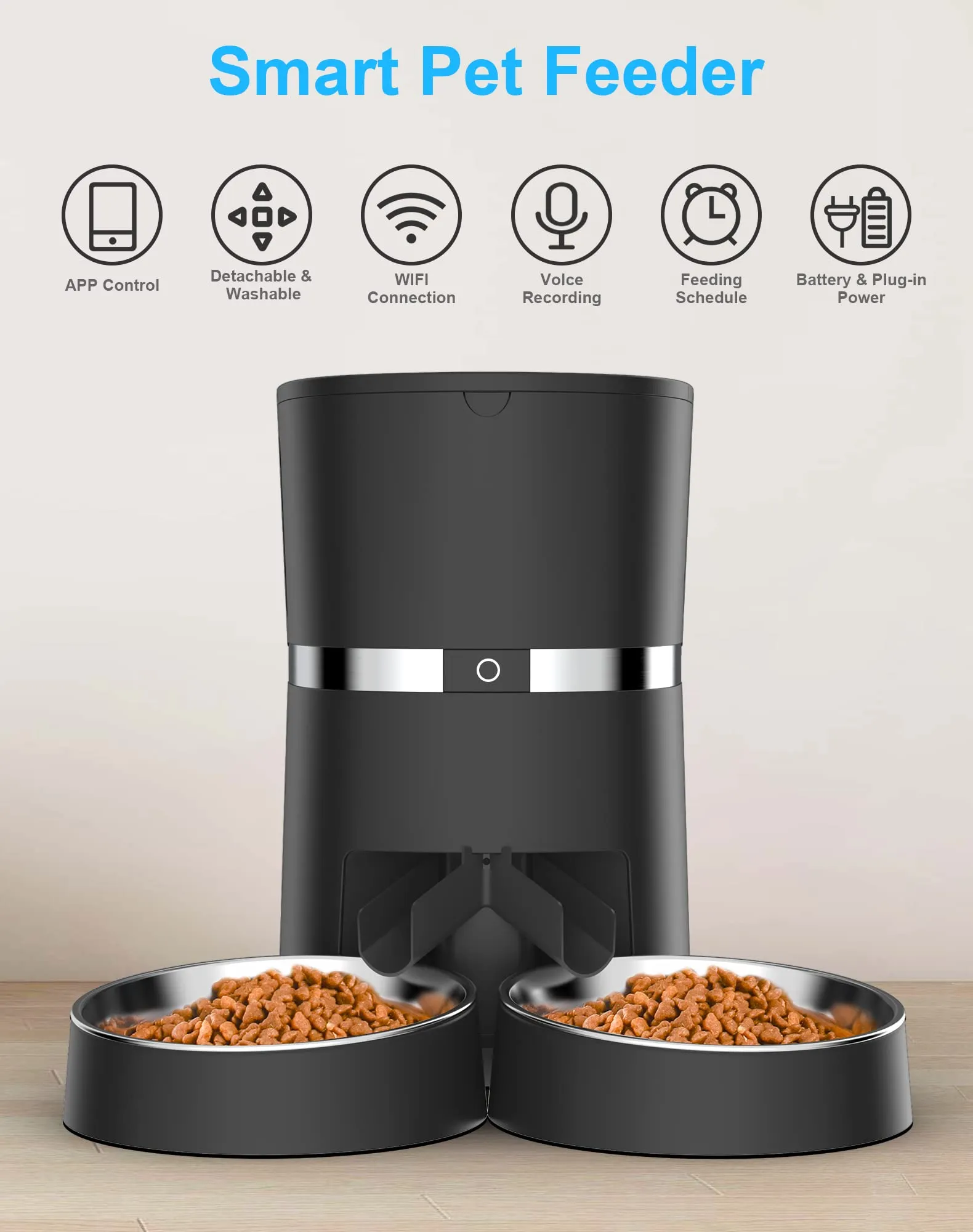 WellToBe Wifi Distributore Automatico di Cibo per Due Gatti, Alimentatore Automatico per Animali e Cani con Controllo App, Timer e di Registrazione del Suono Fino a 6 pasti al Giorno -Black - immagine 2