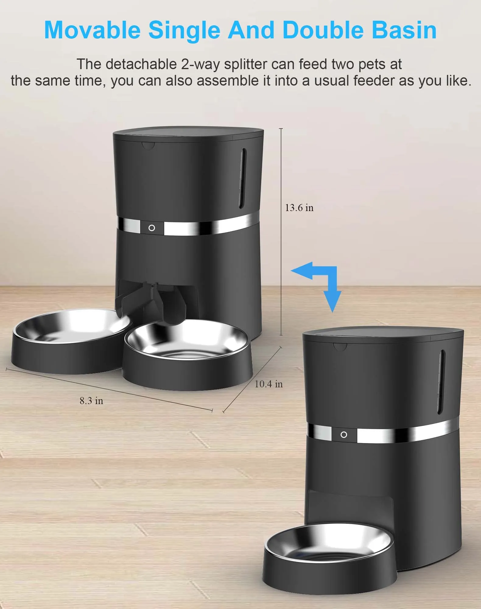 WellToBe Wifi Distributore Automatico di Cibo per Due Gatti, Alimentatore Automatico per Animali e Cani con Controllo App, Timer e di Registrazione del Suono Fino a 6 pasti al Giorno -Black - immagine 3