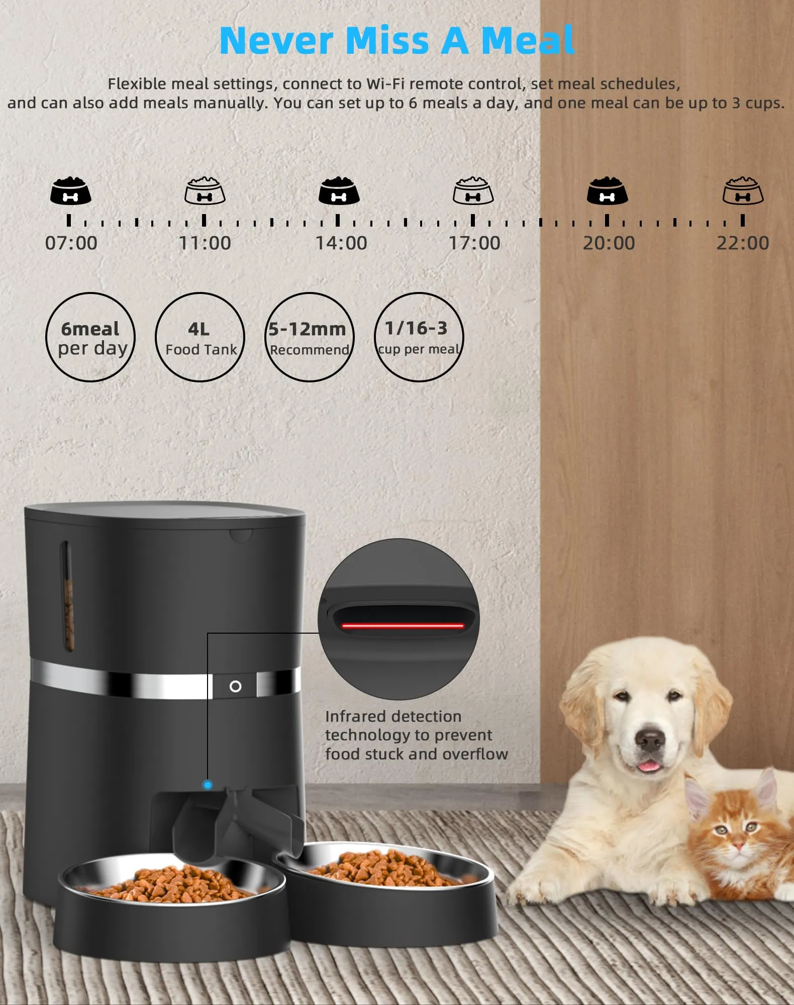 WellToBe Wifi Distributore Automatico di Cibo per Due Gatti, Alimentatore Automatico per Animali e Cani con Controllo App, Timer e di Registrazione del Suono Fino a 6 pasti al Giorno -Black - immagine 5