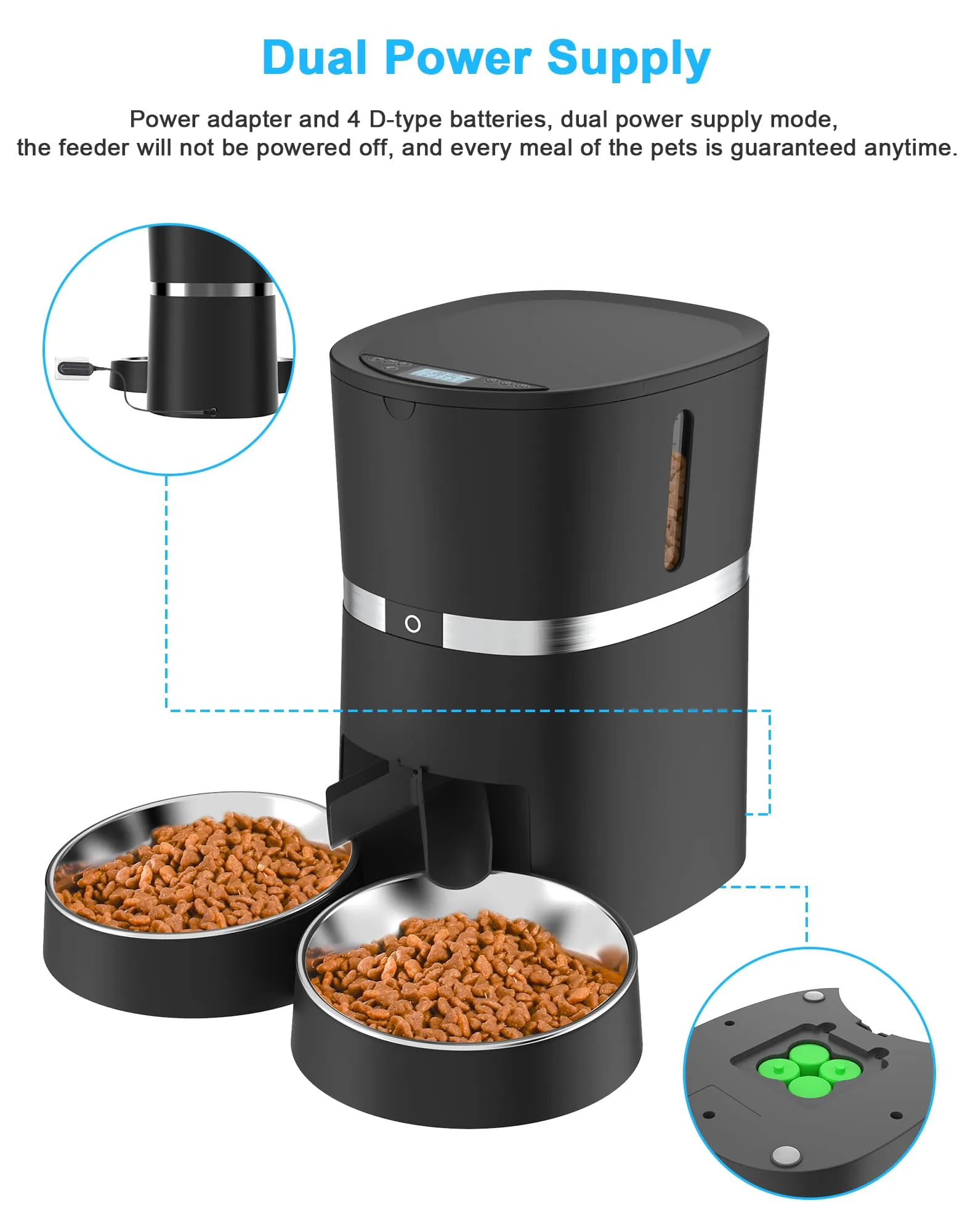 WellToBe Wifi Distributore Automatico di Cibo per Due Gatti, Alimentatore Automatico per Animali e Cani con Controllo App, Timer e di Registrazione del Suono Fino a 6 pasti al Giorno -Black - immagine 7
