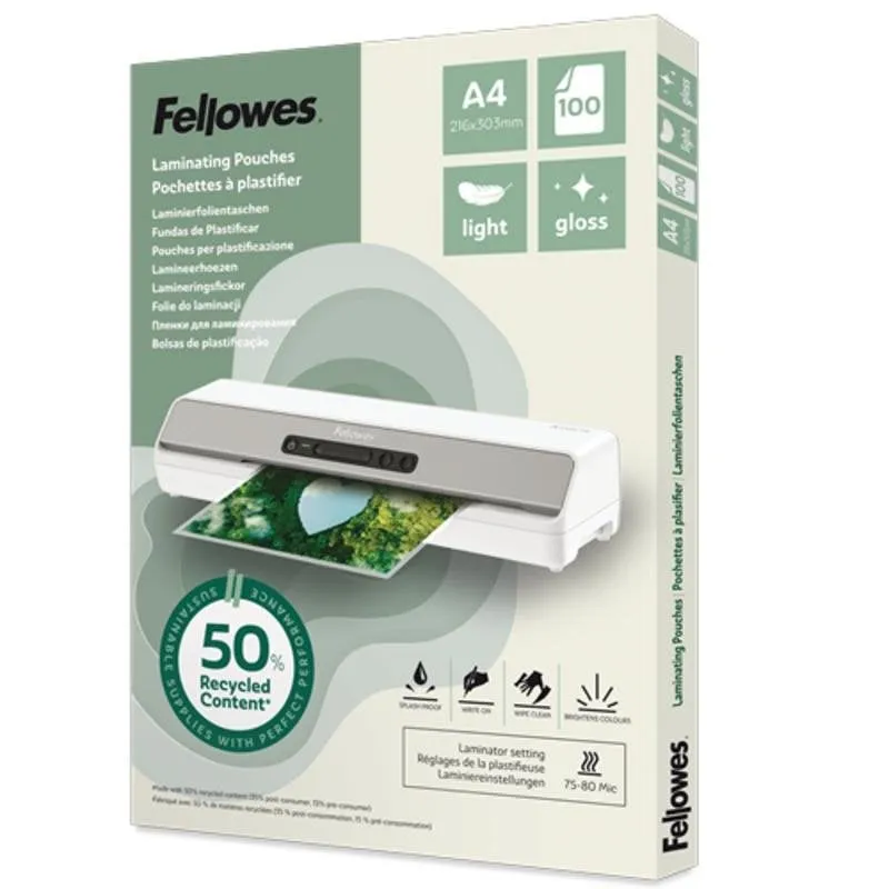 Plastificatrice Fellowes 100142987 A4 80 micron lucida 100 fogli riciclati - immagine 1
