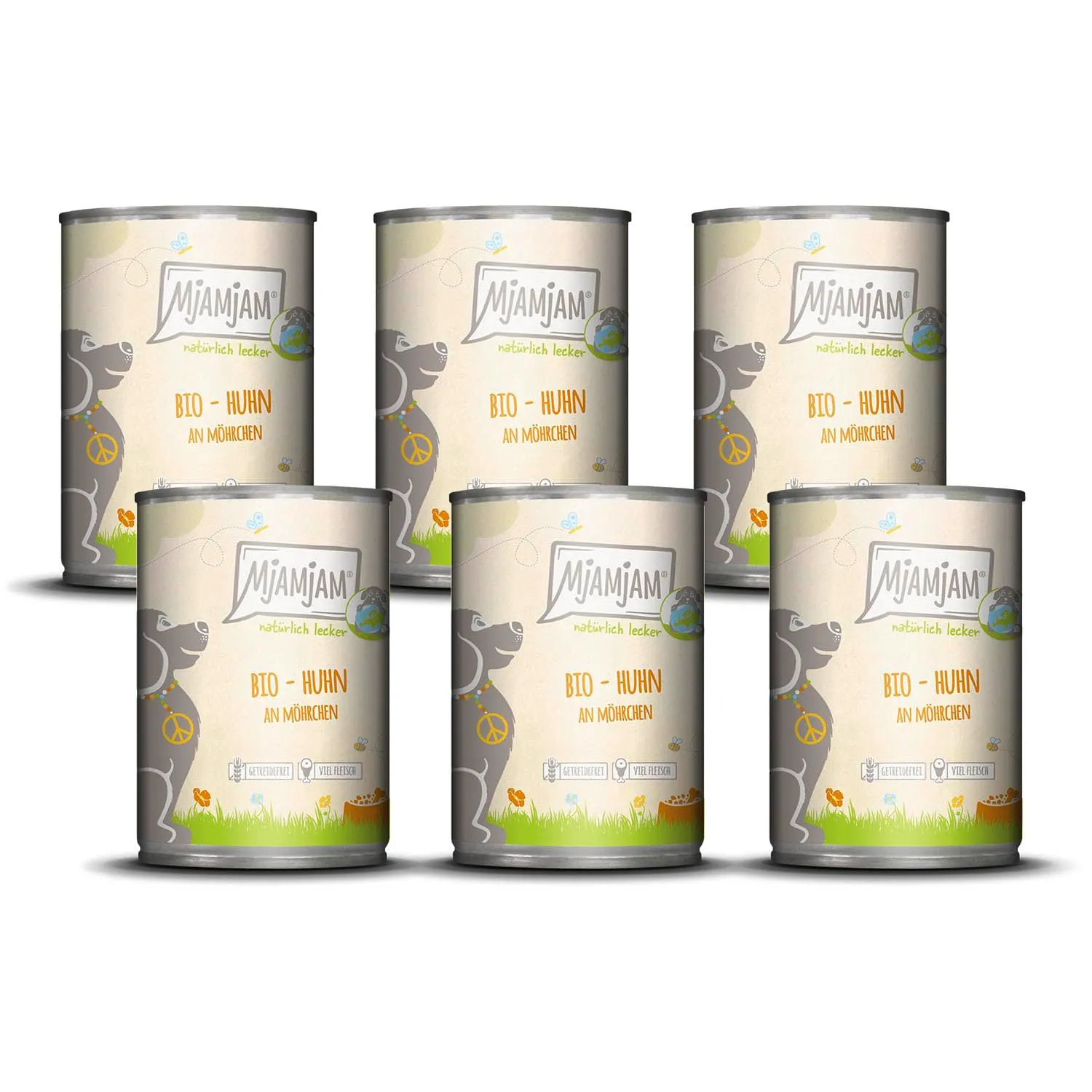 MjAMjAM - Cibo umido premium per cani - naturalmente delizioso - pollo BIO con carote, confezione da 6 (6 x 400 g), senza cereali con carne extra - immagine 1