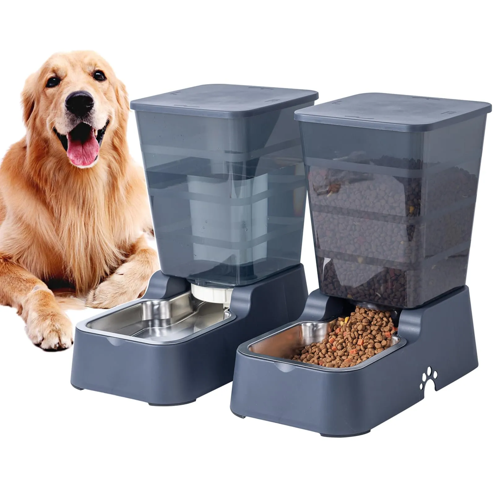 5 L Distributore Automatico di cibo e Acqua a Gravità per Gatti e Cani, Con Ciotola in Acciaio Inossidabile Senza BPA, Distributore di Cibo x 1 + Distributore di Acqua x 1 (Set Grigio scuro 5 L) - immagine 1