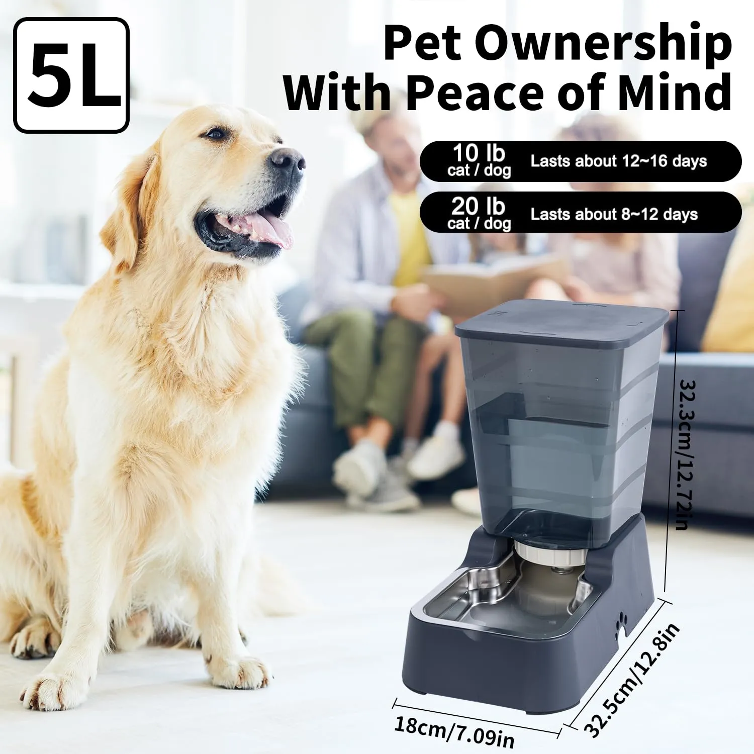 5 L Distributore Automatico di cibo e Acqua a Gravità per Gatti e Cani, Con Ciotola in Acciaio Inossidabile Senza BPA, Distributore di Cibo x 1 + Distributore di Acqua x 1 (Set Grigio scuro 5 L) - immagine 2