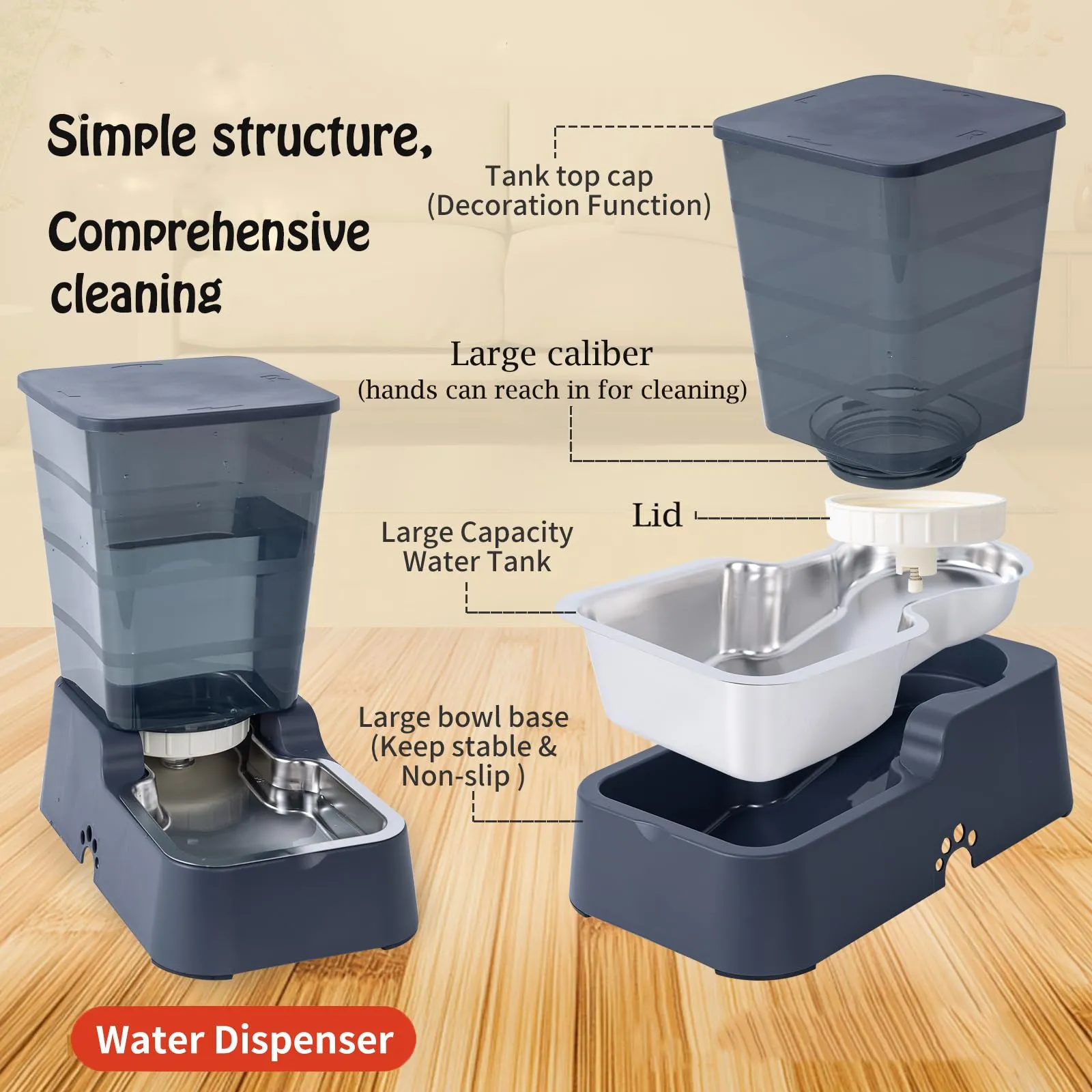 5 L Distributore Automatico di cibo e Acqua a Gravità per Gatti e Cani, Con Ciotola in Acciaio Inossidabile Senza BPA, Distributore di Cibo x 1 + Distributore di Acqua x 1 (Set Grigio scuro 5 L) - immagine 4
