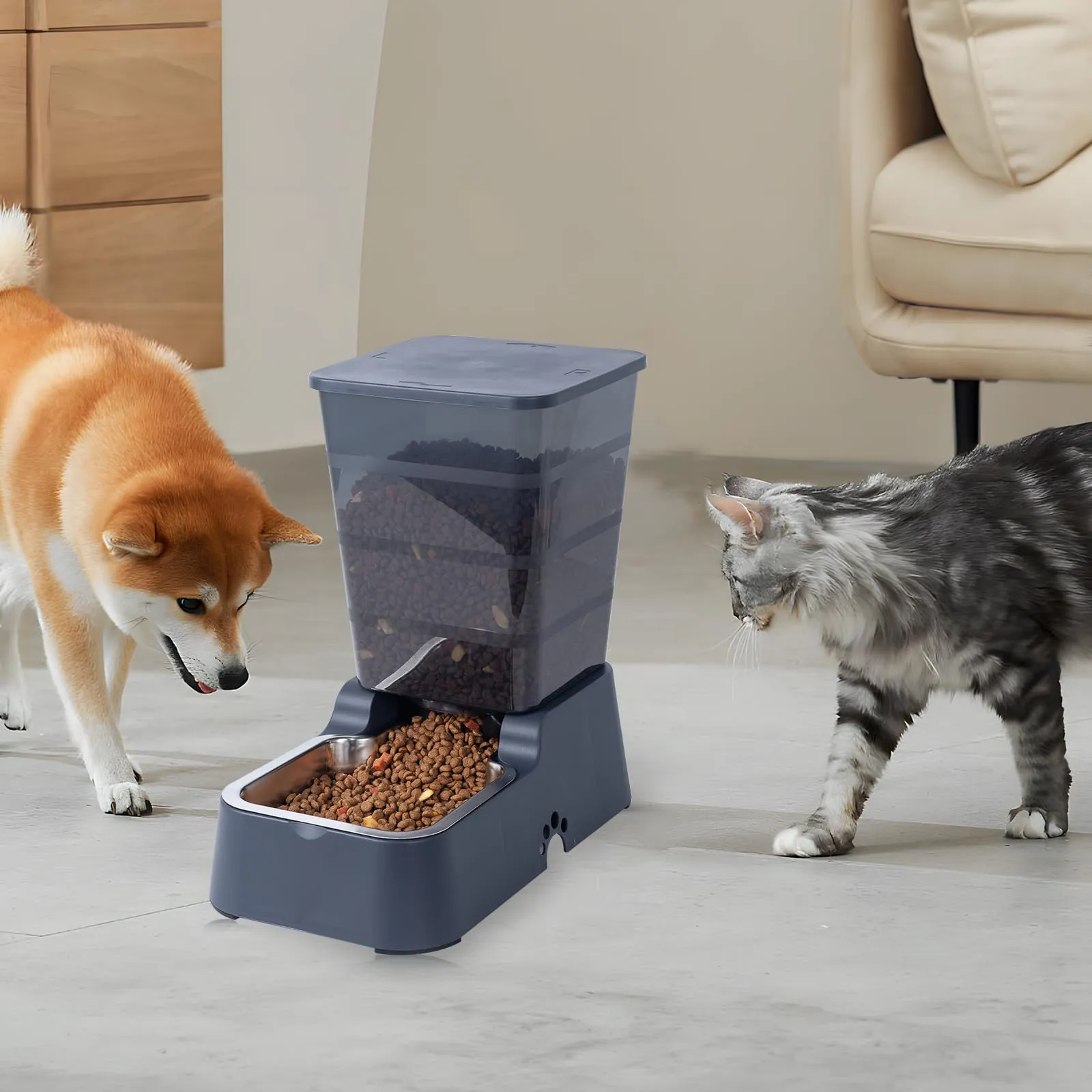 5 L Distributore Automatico di cibo e Acqua a Gravità per Gatti e Cani, Con Ciotola in Acciaio Inossidabile Senza BPA, Distributore di Cibo x 1 + Distributore di Acqua x 1 (Set Grigio scuro 5 L) - immagine 6