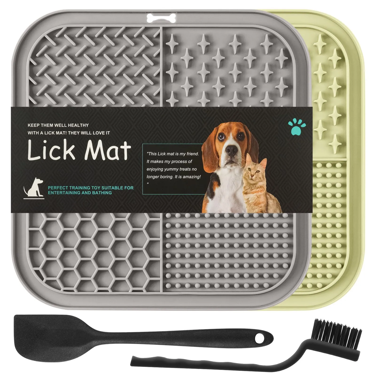 HOTUT Tappetino da Leccare per Cani e Gatti,2 Pezzi Cane Pad Leccare con Spatola e Spazzola,Senza BPA Lick Mat per Cani con Ventosa per Bagno Toelettatura,Alleviare L'ansia - immagine 1
