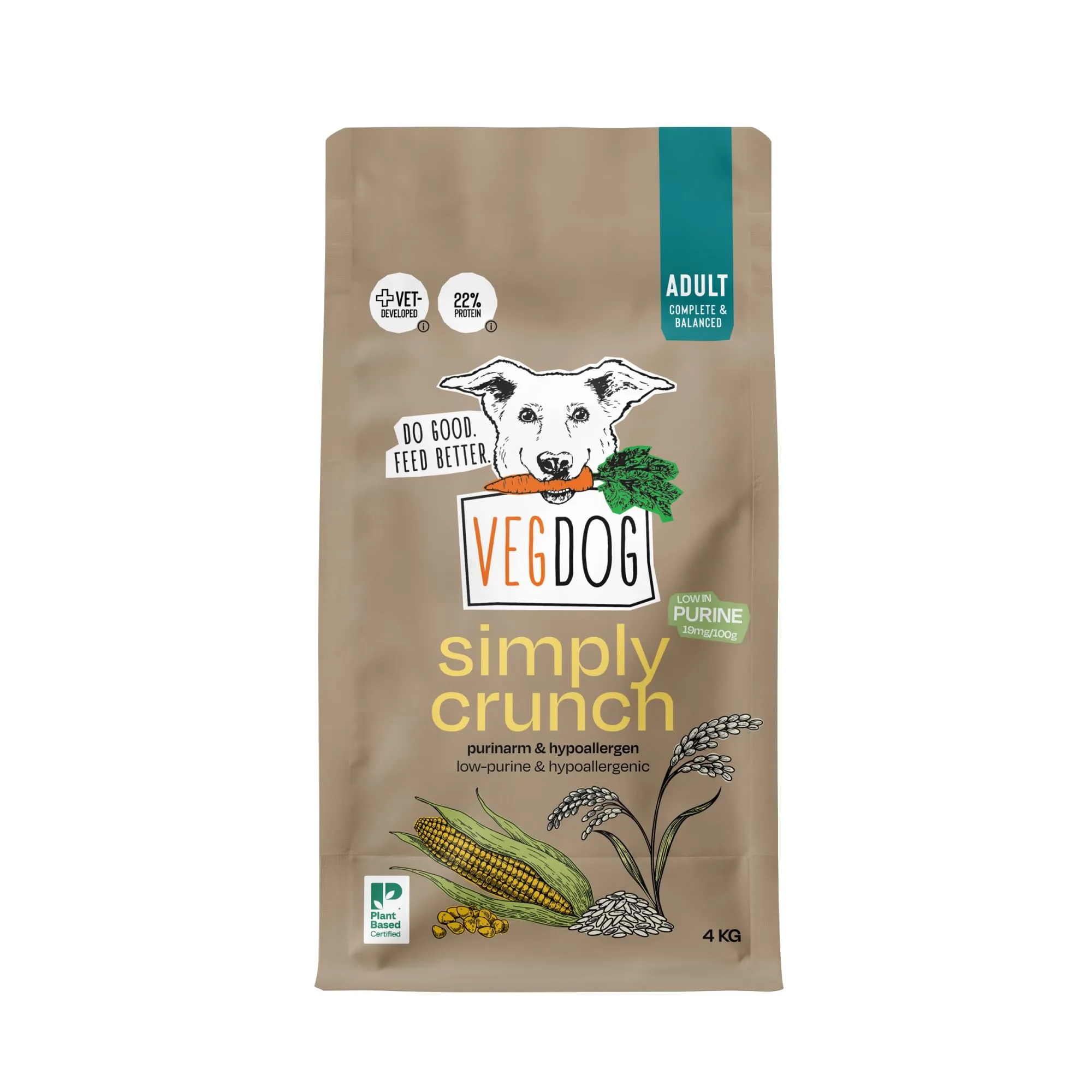VEGDOG Simply Crunch cibo secco ipoallergenico (4 kg) | Cani adulti | senza glutine e soia, ben digeribile, a basso contenuto di purine | Alimento completo per cani allergici con proteine di mais - immagine 1