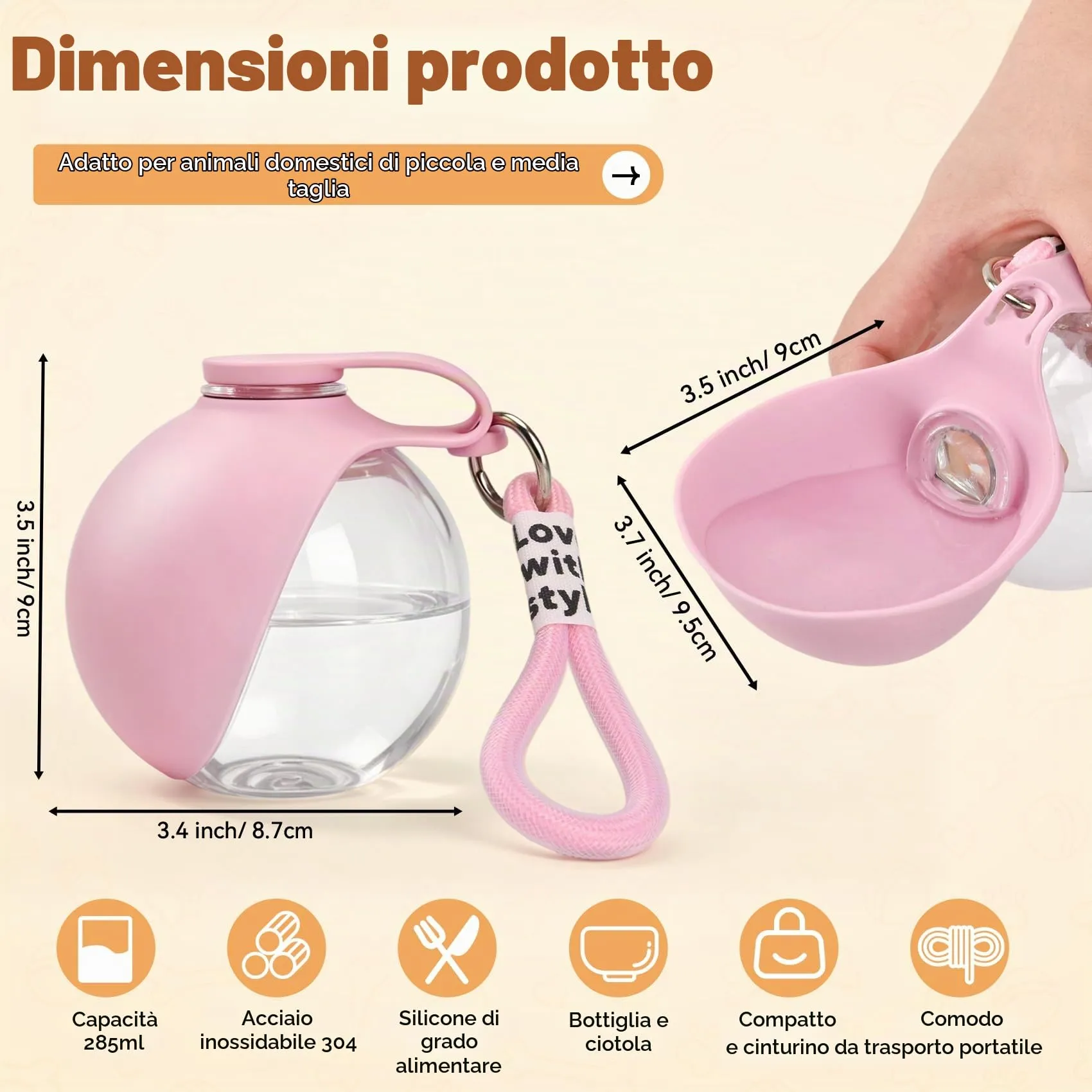 LTFIOON Borraccia per cani da viaggio, 285ml Bottiglia in plastica per cani, Borraccia anti-perdita con ciotola in silicone pieghevole, Borraccia portatile per cani per passeggiate, viaggi, campeggio - immagine 2