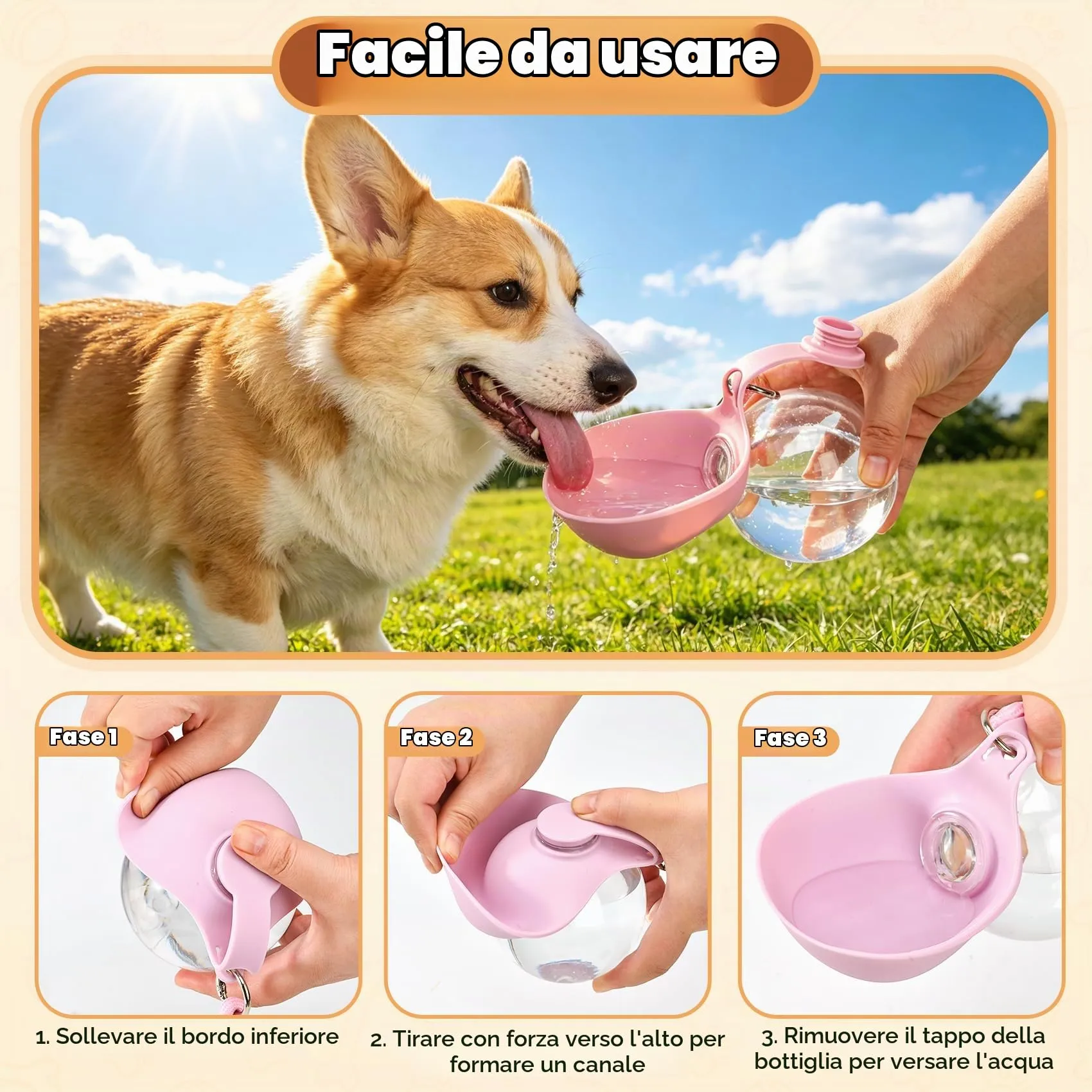 LTFIOON Borraccia per cani da viaggio, 285ml Bottiglia in plastica per cani, Borraccia anti-perdita con ciotola in silicone pieghevole, Borraccia portatile per cani per passeggiate, viaggi, campeggio - immagine 4