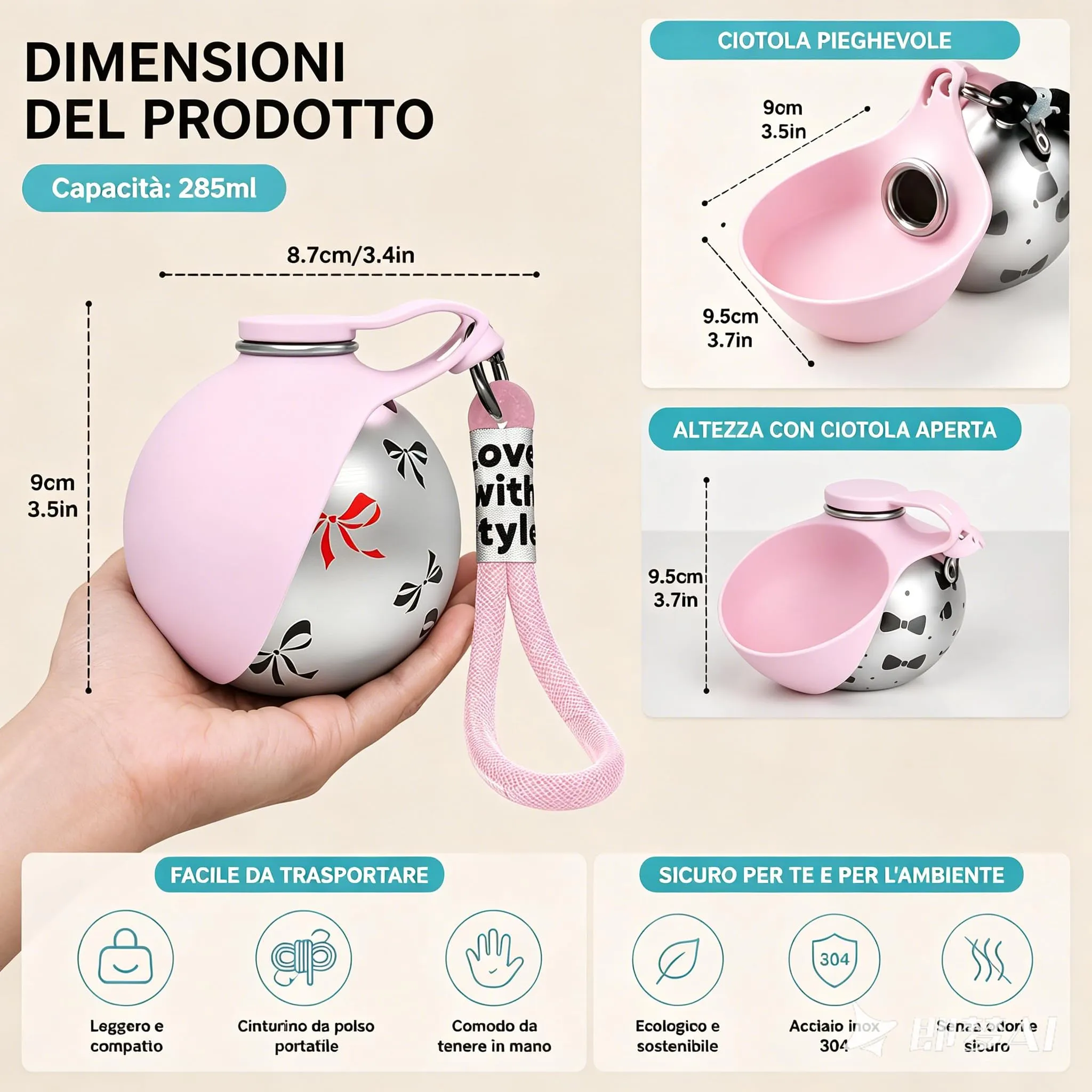Trywise Borraccia per Cane Portatile - Distributore d'Acqua con Ciotola Pieghevole in Silicone, Anti-Goccia, 285 ml - Ideale per Passeggiate, Viaggi e Escursioni per Cani e Gatti (rosa) - immagine 5