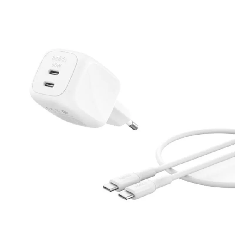 Caricatore Belkin WCH019KQ1MWH-B6 GaN 50 W Bianco 2x USB-C con cavo 1 m - immagine 1