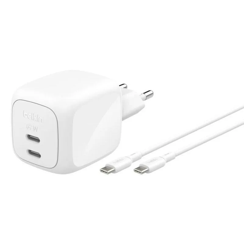Caricatore Belkin WCH020KQ2MWH-B6 GaN 67 W 2x USB-C Bianco con cavo 2 m - immagine 1