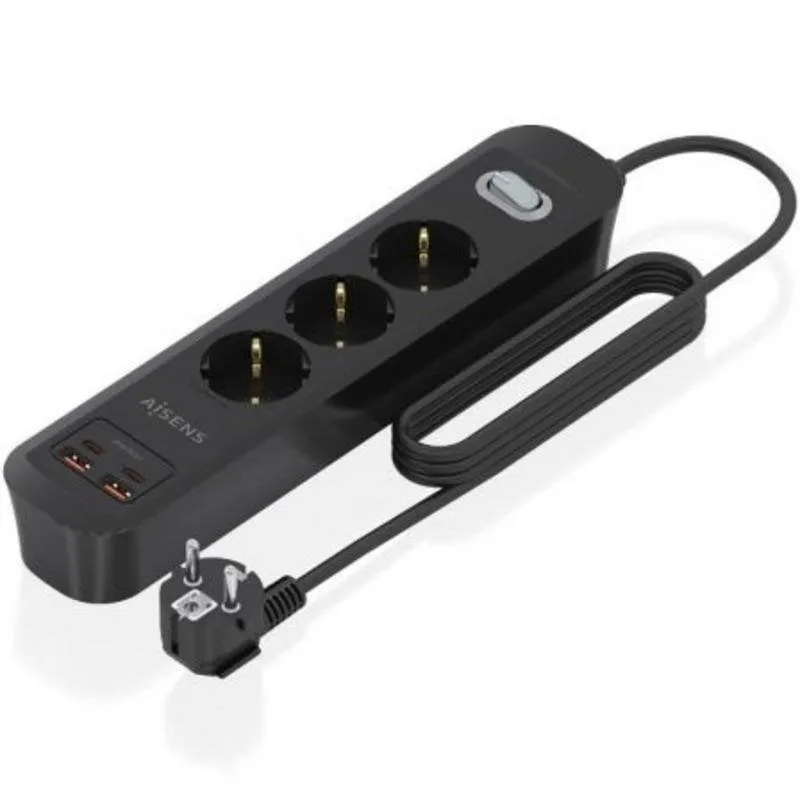 Multipresa Aisens ASPS-2A2C11-BK 3 Prese 2 USB-A 2 USB-C con Protezione e Interruttore - immagine 1