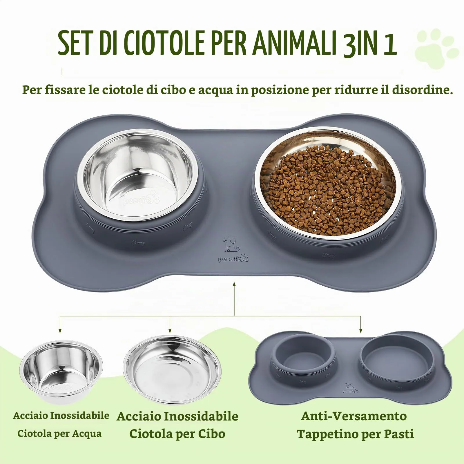 Pecute Ciotola per Gatti 3 in 1, Ciotola per Cani, Doppia Ciotole in Acciaio Inossidabile + 1 Tappetino Sottociotola, Antiribaltamento, Antitrabocco e Antiscivolo, L, Grigio - immagine 2