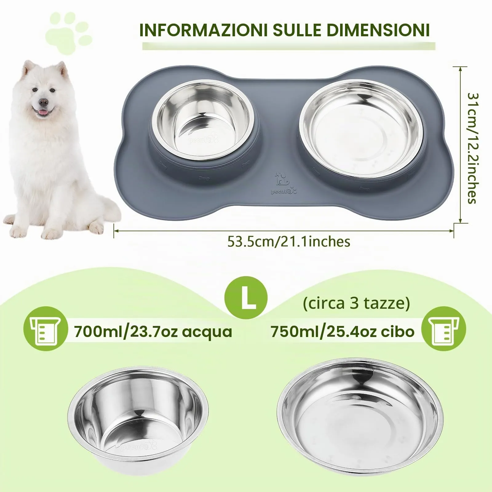 Pecute Ciotola per Gatti 3 in 1, Ciotola per Cani, Doppia Ciotole in Acciaio Inossidabile + 1 Tappetino Sottociotola, Antiribaltamento, Antitrabocco e Antiscivolo, L, Grigio - immagine 3