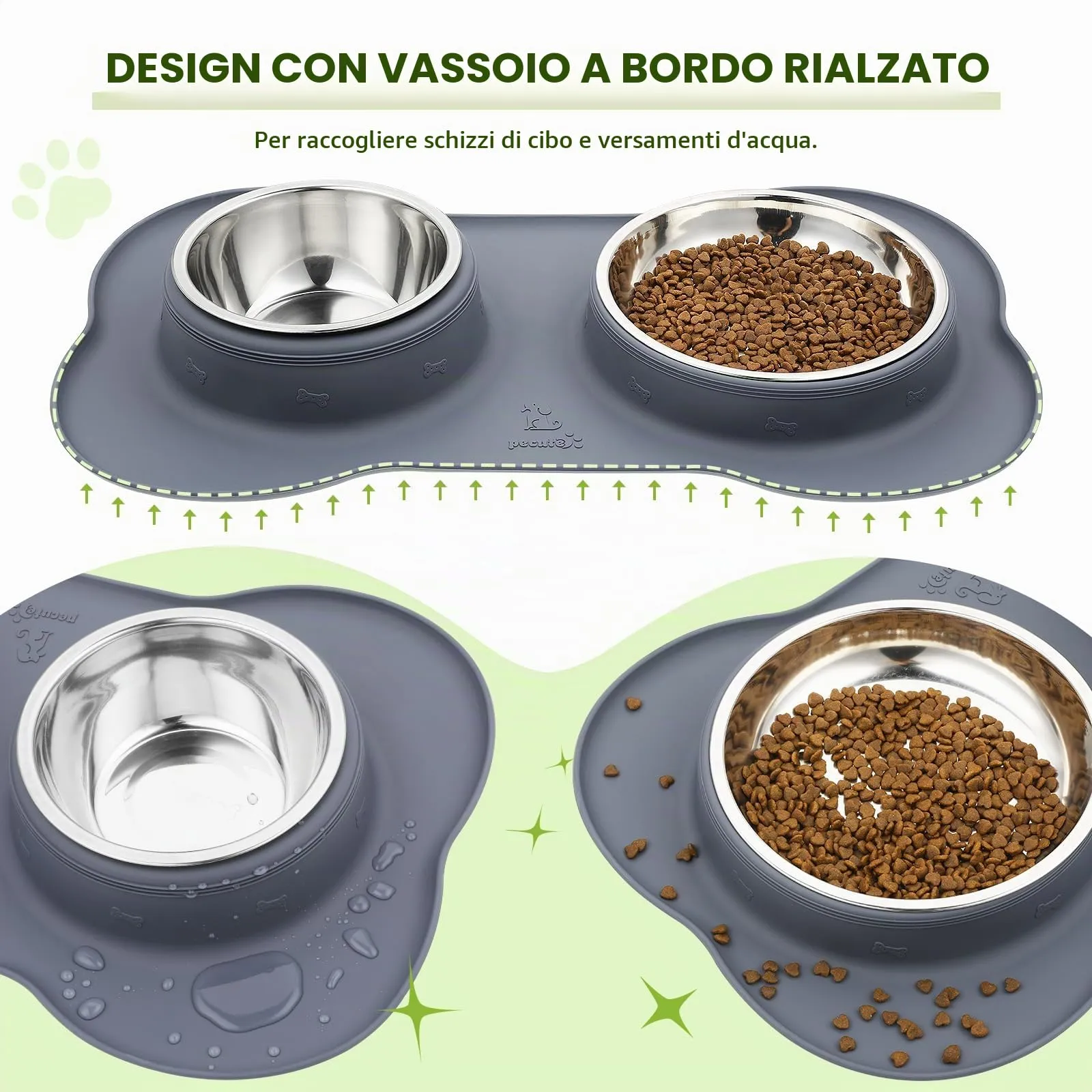 Pecute Ciotola per Gatti 3 in 1, Ciotola per Cani, Doppia Ciotole in Acciaio Inossidabile + 1 Tappetino Sottociotola, Antiribaltamento, Antitrabocco e Antiscivolo, L, Grigio - immagine 4