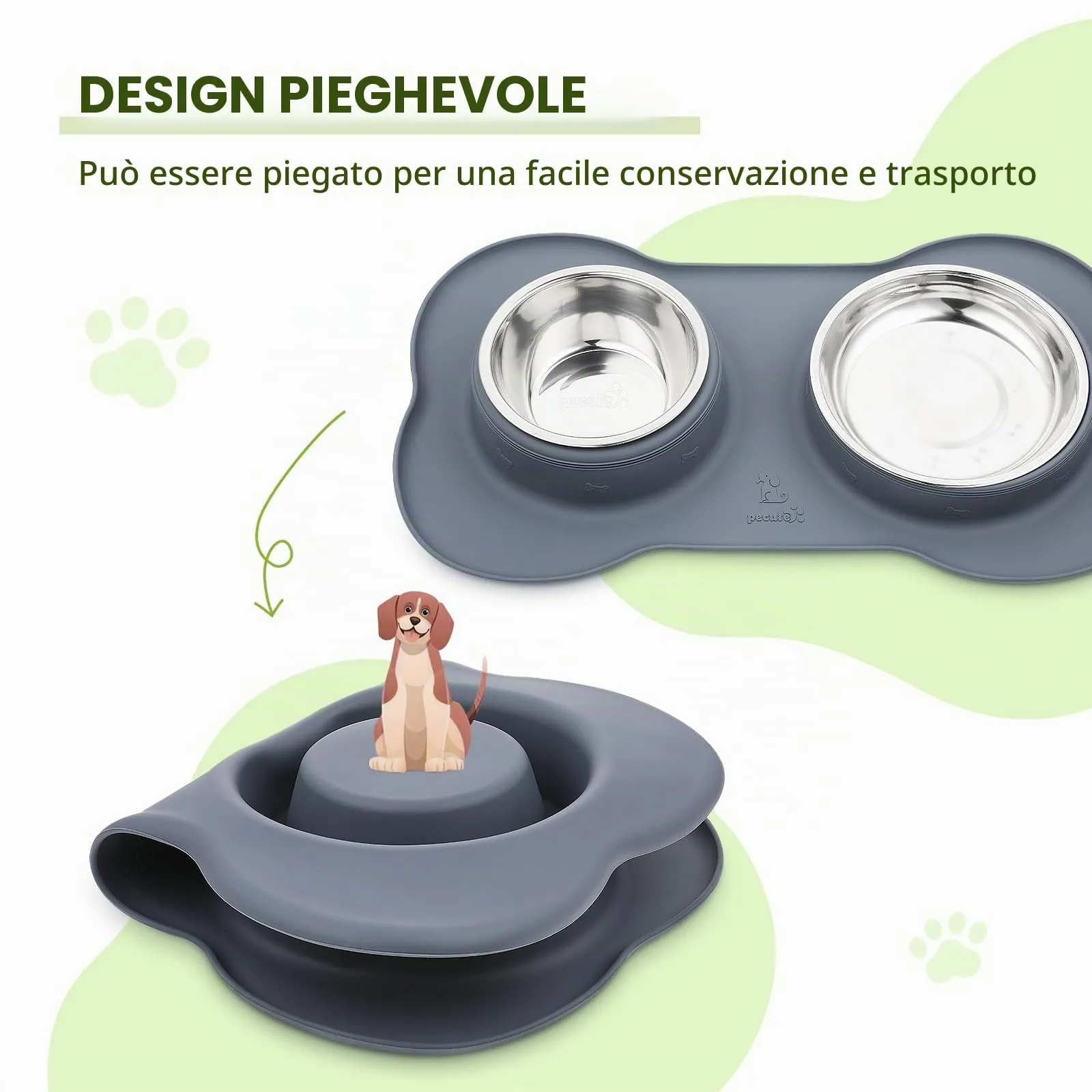 Pecute Ciotola per Gatti 3 in 1, Ciotola per Cani, Doppia Ciotole in Acciaio Inossidabile + 1 Tappetino Sottociotola, Antiribaltamento, Antitrabocco e Antiscivolo, L, Grigio - immagine 5