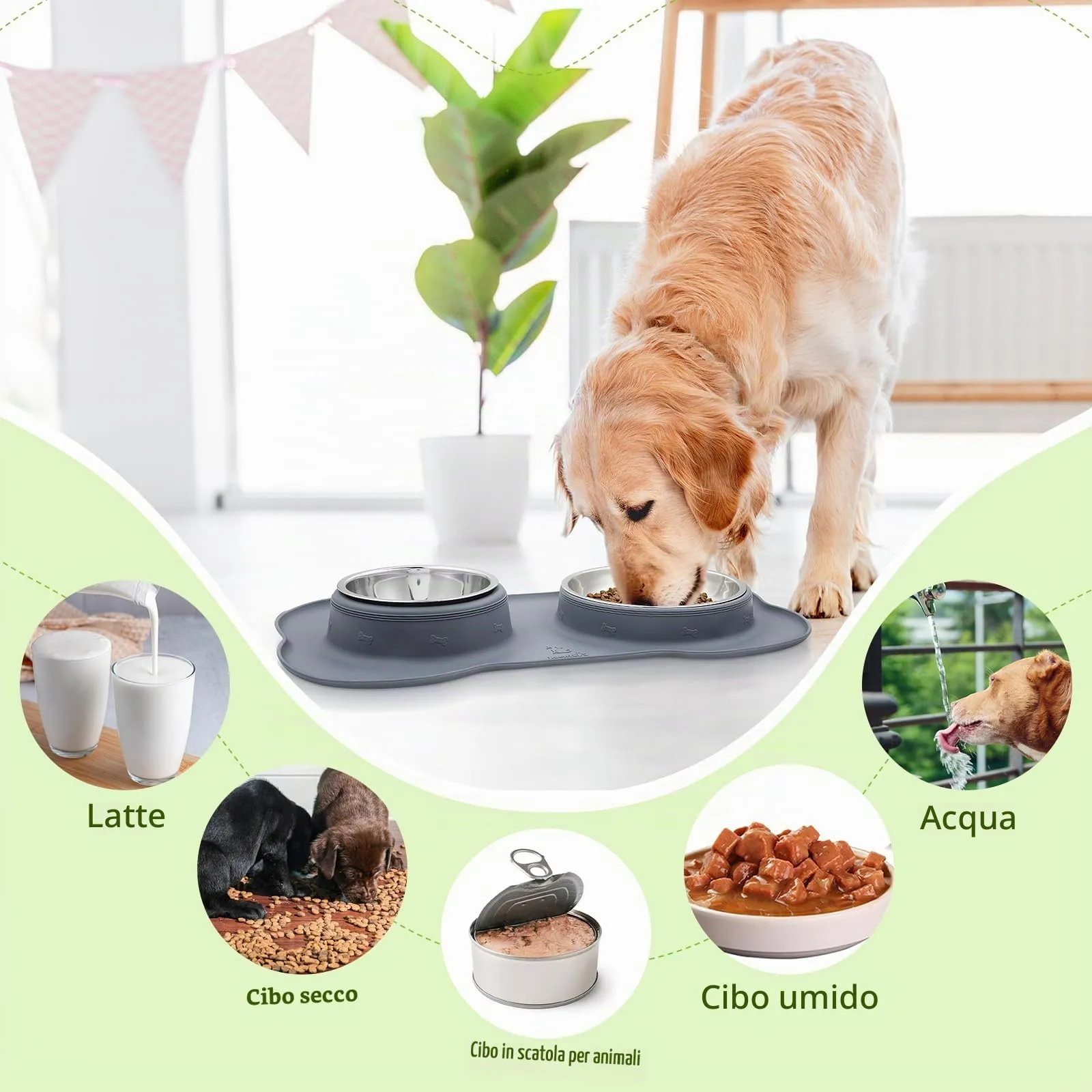 Pecute Ciotola per Gatti 3 in 1, Ciotola per Cani, Doppia Ciotole in Acciaio Inossidabile + 1 Tappetino Sottociotola, Antiribaltamento, Antitrabocco e Antiscivolo, L, Grigio - immagine 7