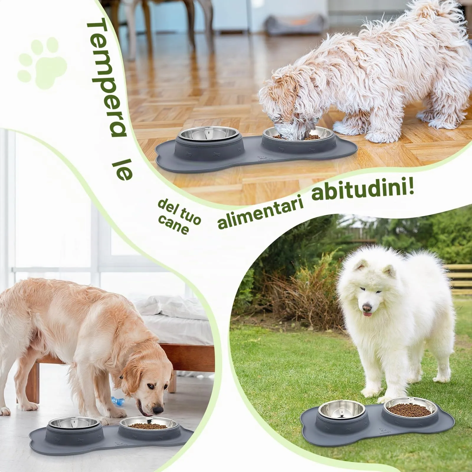Pecute Ciotola per Gatti 3 in 1, Ciotola per Cani, Doppia Ciotole in Acciaio Inossidabile + 1 Tappetino Sottociotola, Antiribaltamento, Antitrabocco e Antiscivolo, L, Grigio - immagine 8