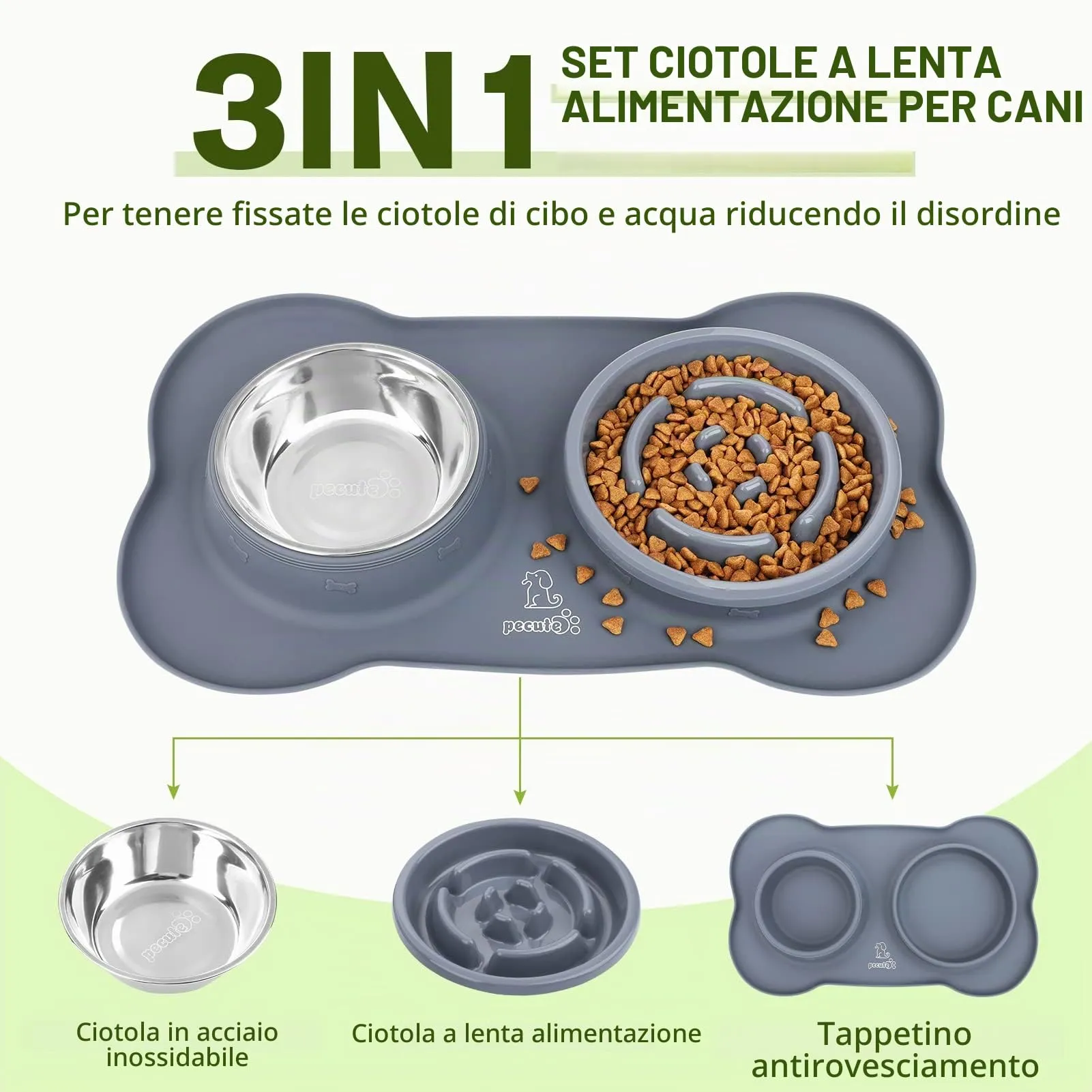 Pecute Ciotola 3 in 1 per Cani con Alimentazione Lenta: Doppia Ciotola Anti Ingozzamento con Tappetino Antiscivolo, Antiribaltamento e Antitrabocco, 400ml + 150ml, Ideale per Medie e Grandi (Grigio) - immagine 2