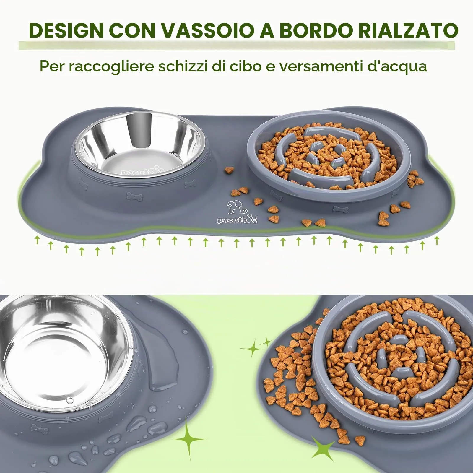 Pecute Ciotola 3 in 1 per Cani con Alimentazione Lenta: Doppia Ciotola Anti Ingozzamento con Tappetino Antiscivolo, Antiribaltamento e Antitrabocco, 400ml + 150ml, Ideale per Medie e Grandi (Grigio) - immagine 4