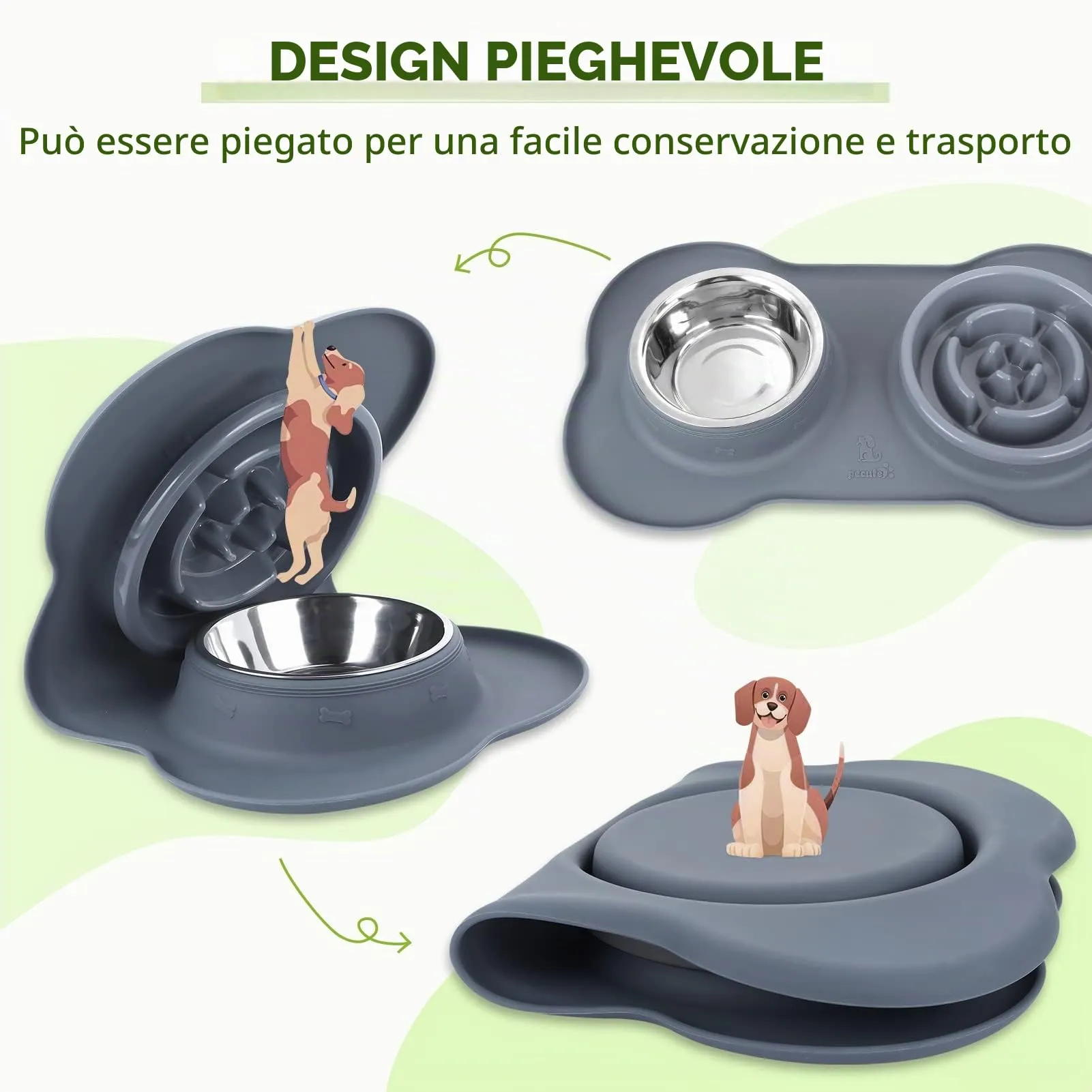 Pecute Ciotola 3 in 1 per Cani con Alimentazione Lenta: Doppia Ciotola Anti Ingozzamento con Tappetino Antiscivolo, Antiribaltamento e Antitrabocco, 400ml + 150ml, Ideale per Medie e Grandi (Grigio) - immagine 5