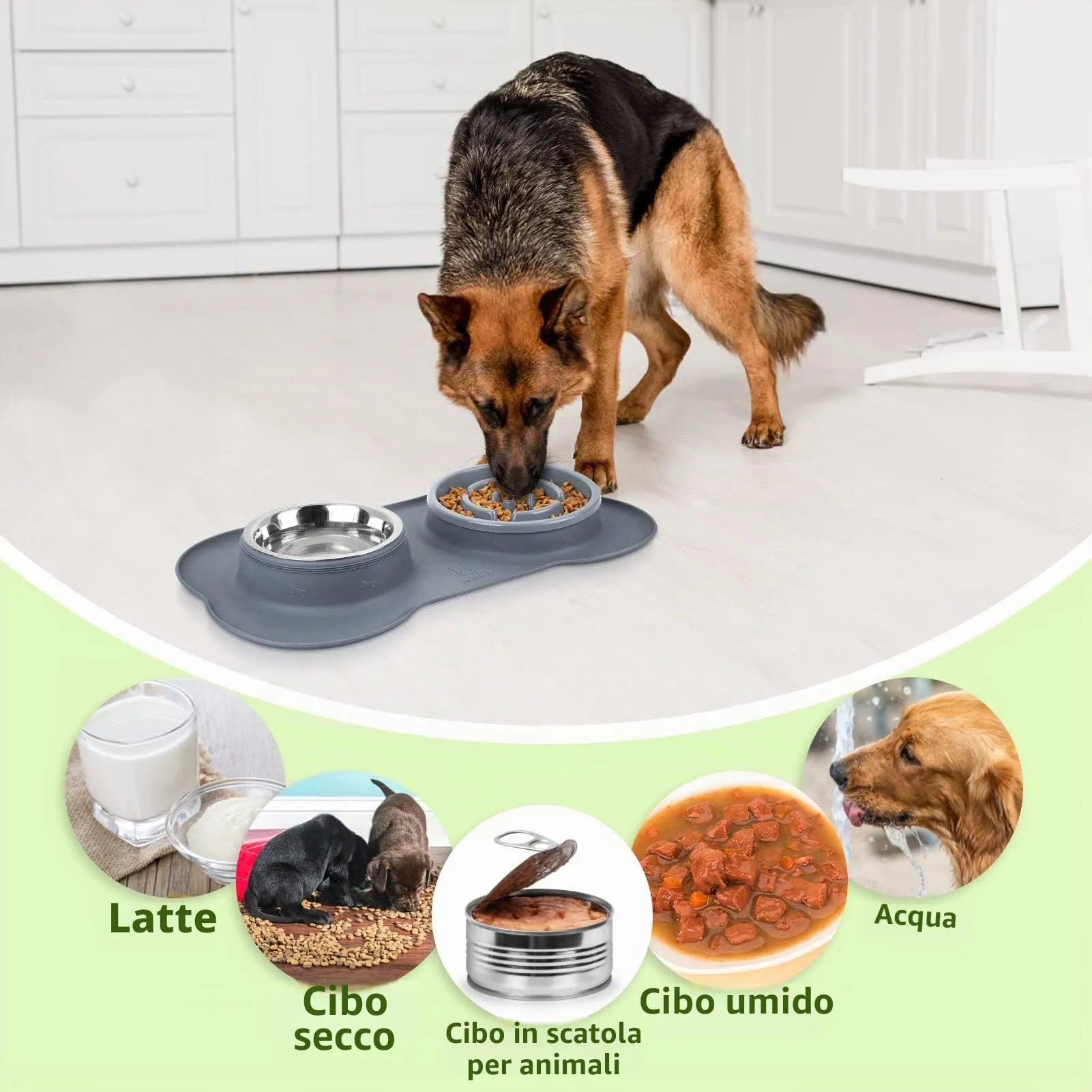 Pecute Ciotola 3 in 1 per Cani con Alimentazione Lenta: Doppia Ciotola Anti Ingozzamento con Tappetino Antiscivolo, Antiribaltamento e Antitrabocco, 400ml + 150ml, Ideale per Medie e Grandi (Grigio) - immagine 7