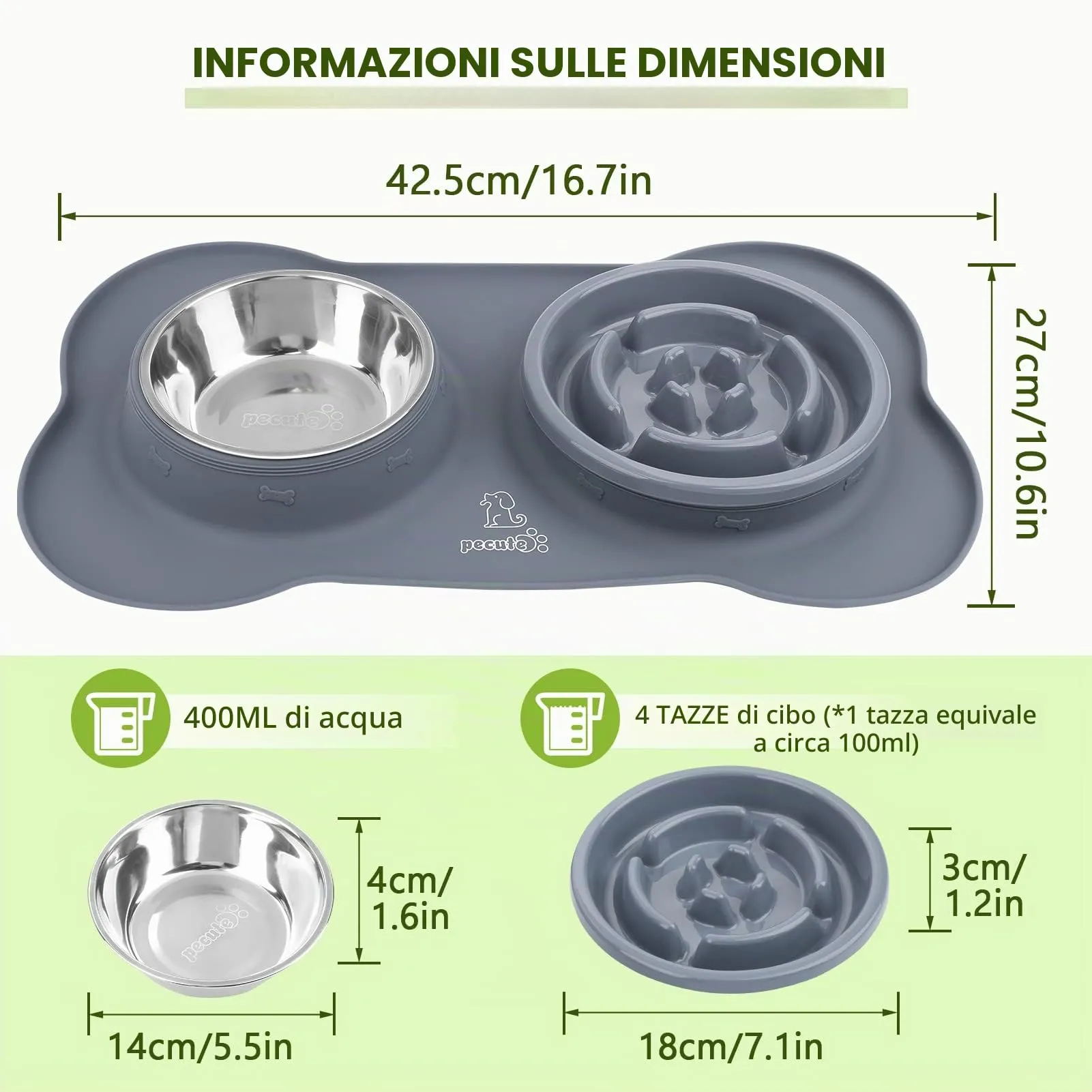 Pecute Ciotola 3 in 1 per Cani con Alimentazione Lenta: Doppia Ciotola Anti Ingozzamento con Tappetino Antiscivolo, Antiribaltamento e Antitrabocco, 400ml + 150ml, Ideale per Medie e Grandi (Grigio) - immagine 8