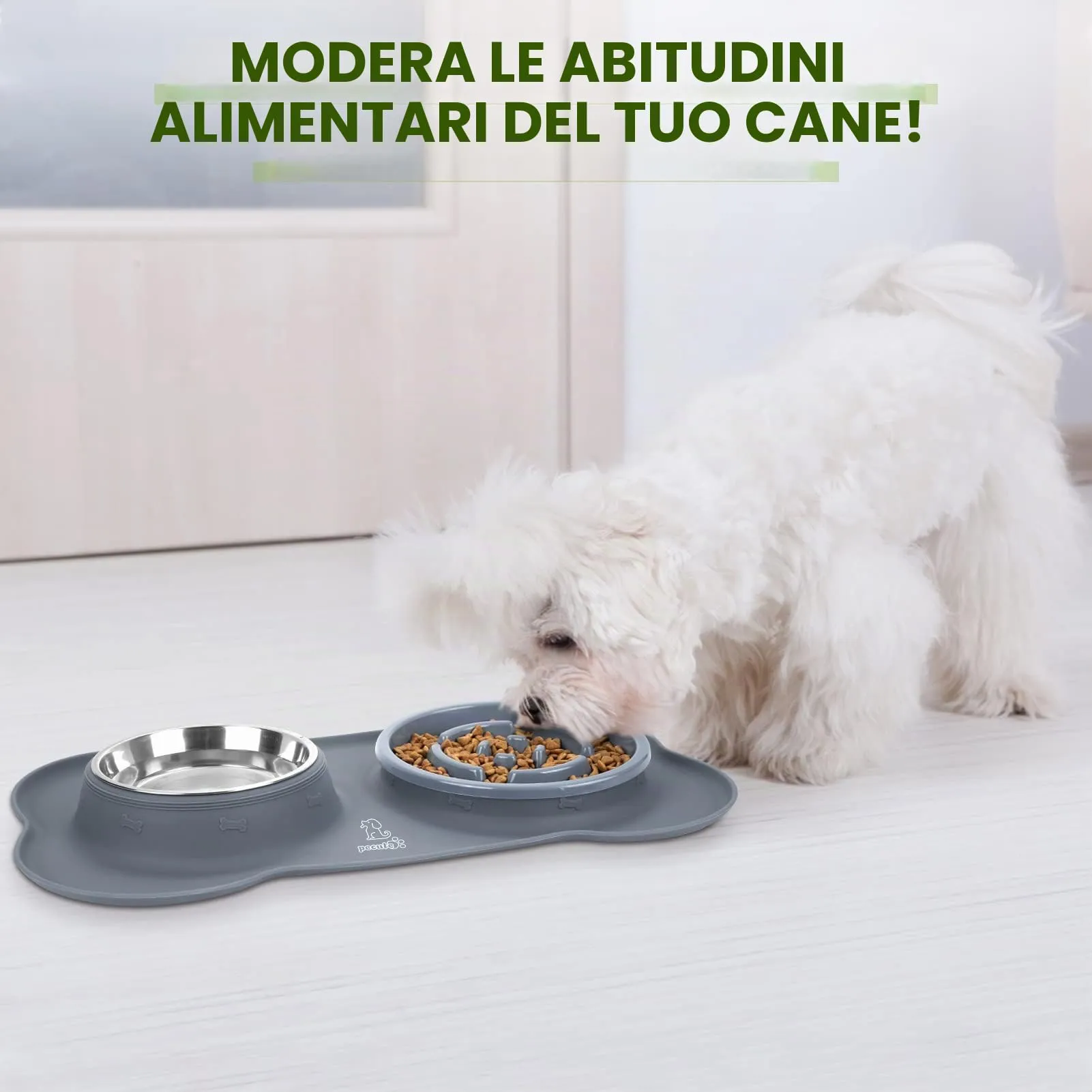 Pecute Ciotola 3 in 1 per Cani con Alimentazione Lenta: Doppia Ciotola Anti Ingozzamento con Tappetino Antiscivolo, Antiribaltamento e Antitrabocco, 400ml + 150ml, Ideale per Medie e Grandi (Grigio) - immagine 9