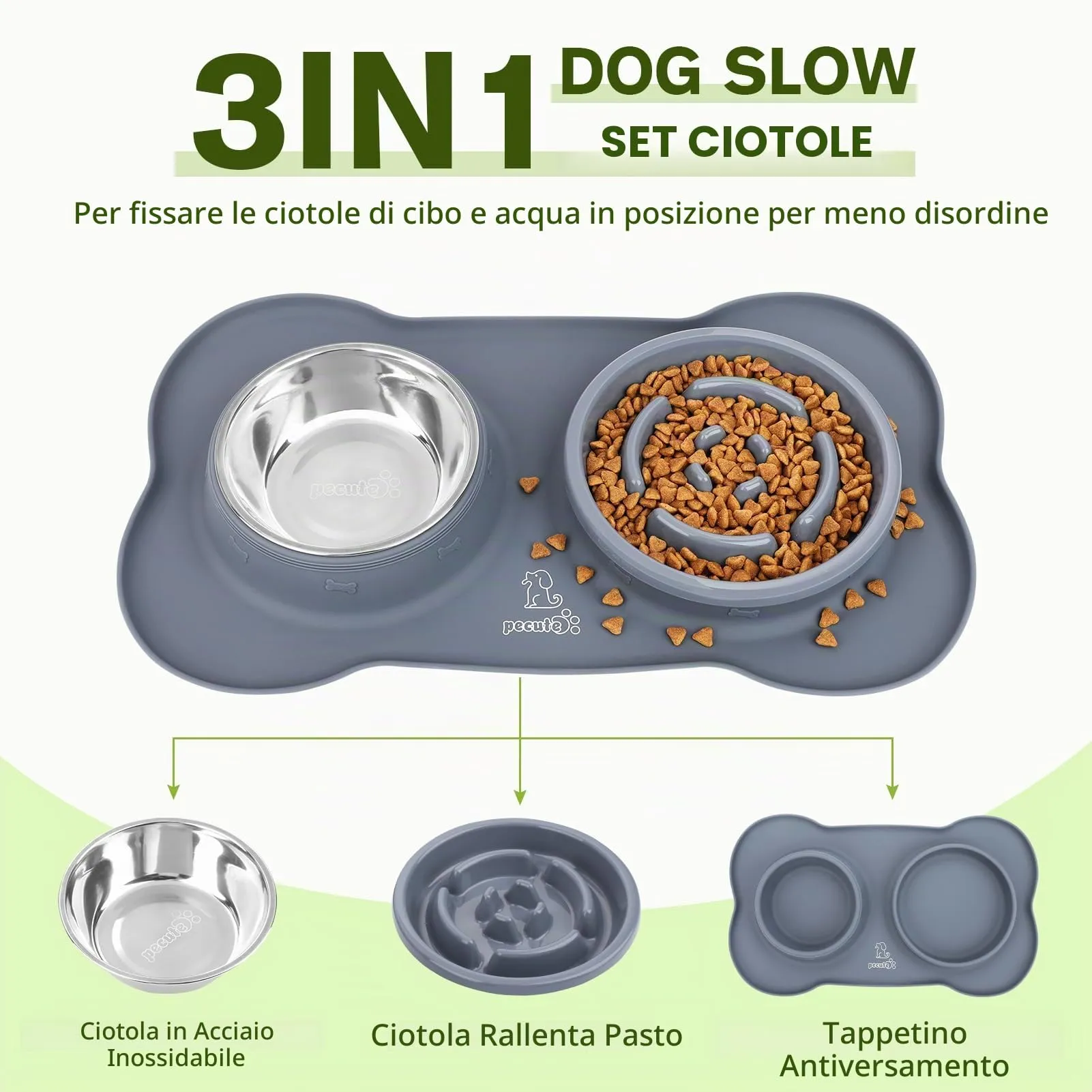 Pecute Ciotola 3 in 1 per Cani con Alimentazione Lenta: Doppia Ciotola Anti Ingozzamento con Tappetino Antiscivolo, Antiribaltamento e Antitrabocco, 500ml + 250ml, Ideale per Medie e Grandi (Grigio) - immagine 3