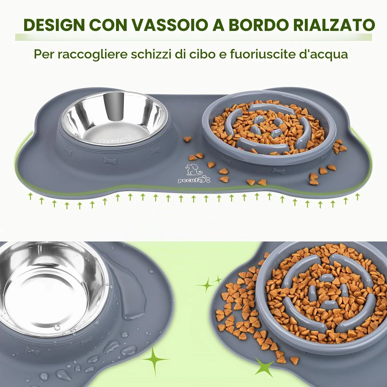 Pecute Ciotola 3 in 1 per Cani con Alimentazione Lenta: Doppia Ciotola Anti Ingozzamento con Tappetino Antiscivolo, Antiribaltamento e Antitrabocco, 500ml + 250ml, Ideale per Medie e Grandi (Grigio) - immagine 5