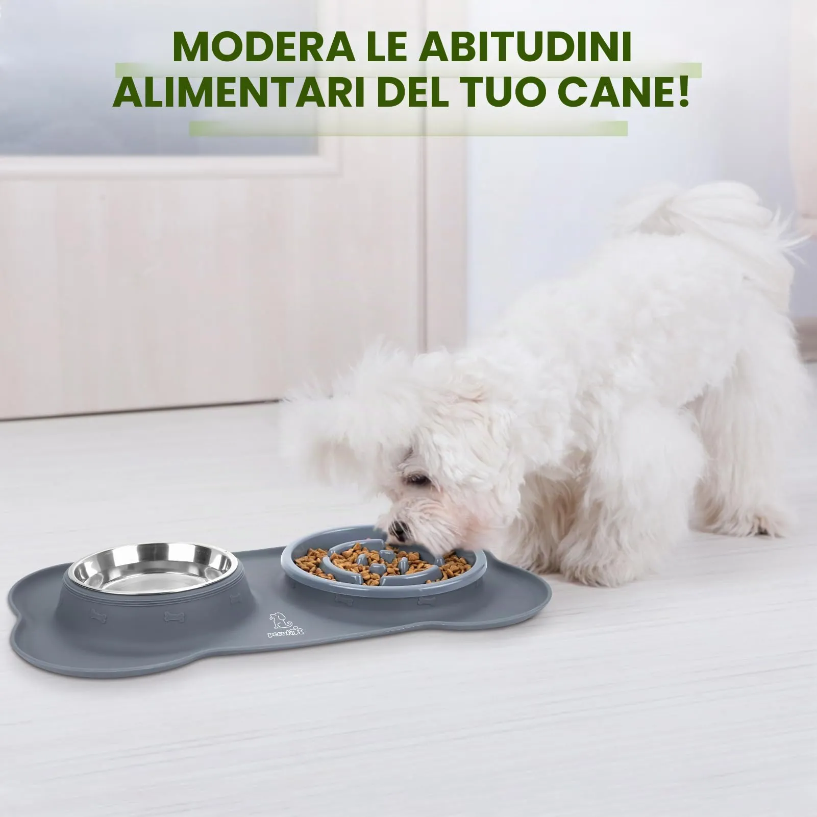 Pecute Ciotola 3 in 1 per Cani con Alimentazione Lenta: Doppia Ciotola Anti Ingozzamento con Tappetino Antiscivolo, Antiribaltamento e Antitrabocco, 500ml + 250ml, Ideale per Medie e Grandi (Grigio) - immagine 9