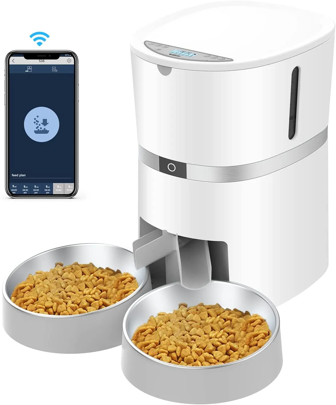 WellToBe Wifi Distributore Automatico di Cibo per Due Gatti, Alimentatore Automatico per Animali e Cani Con App e separatore, Timer e di Registrazione del Suono Fino a 6 pasti al Giorno - immagine 1
