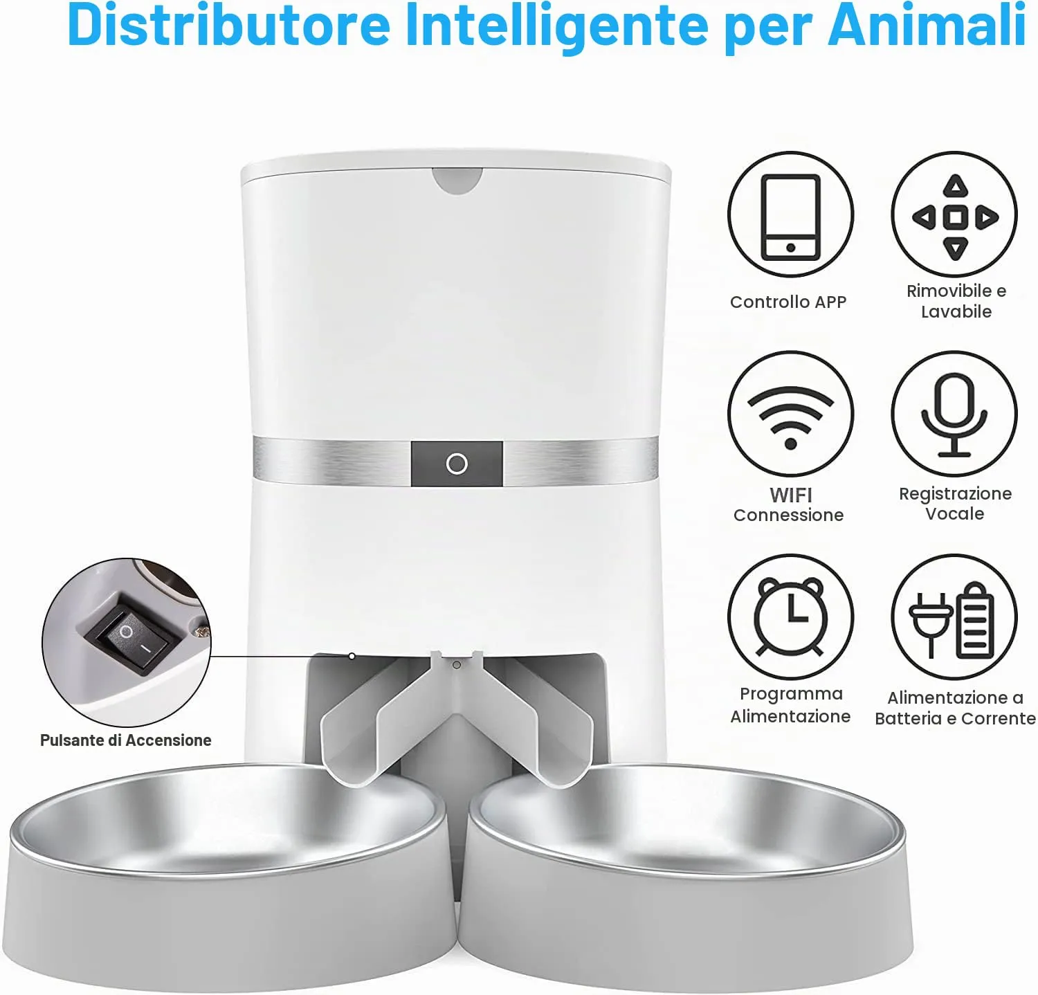 WellToBe Wifi Distributore Automatico di Cibo per Due Gatti, Alimentatore Automatico per Animali e Cani Con App e separatore, Timer e di Registrazione del Suono Fino a 6 pasti al Giorno - immagine 2