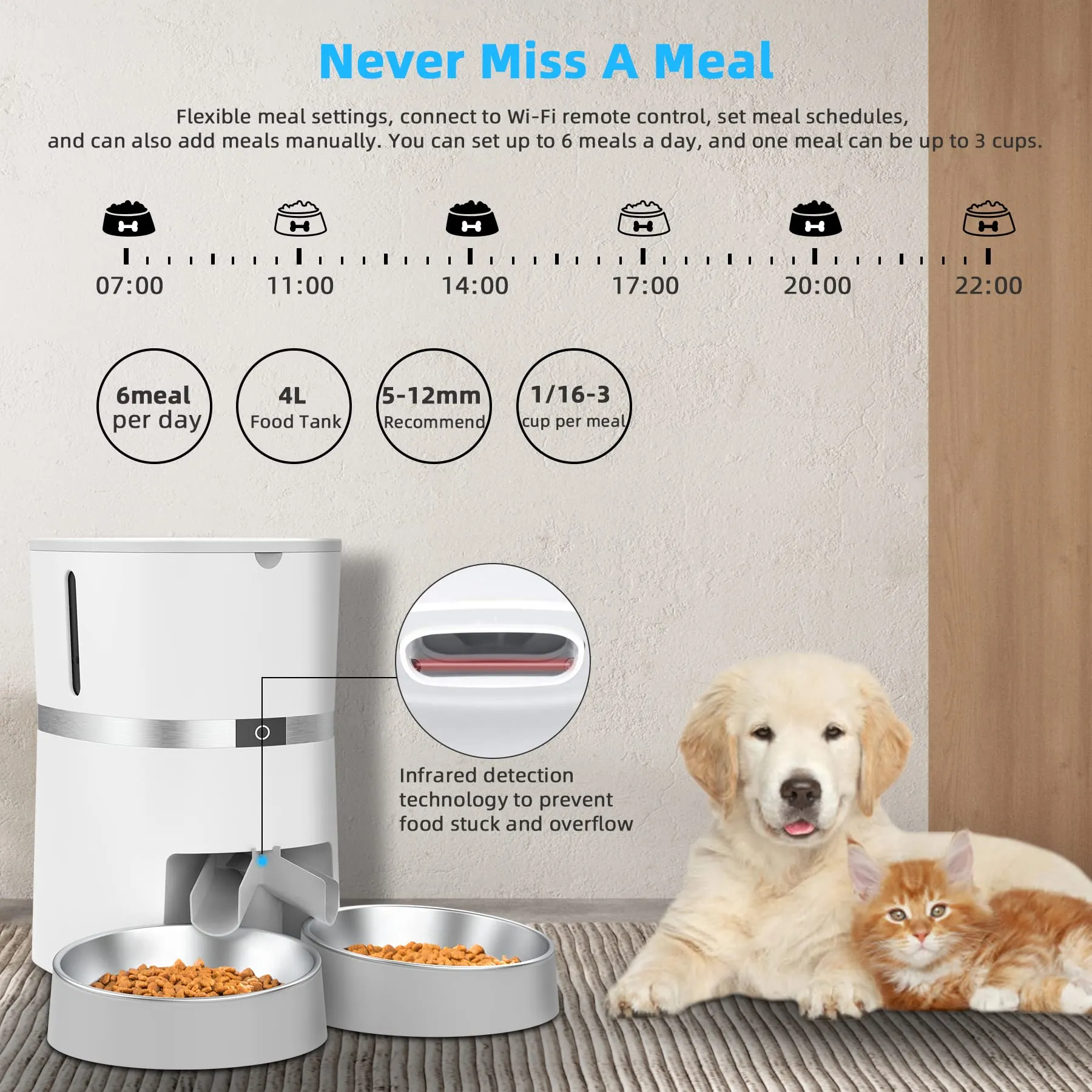 WellToBe Wifi Distributore Automatico di Cibo per Due Gatti, Alimentatore Automatico per Animali e Cani Con App e separatore, Timer e di Registrazione del Suono Fino a 6 pasti al Giorno - immagine 5